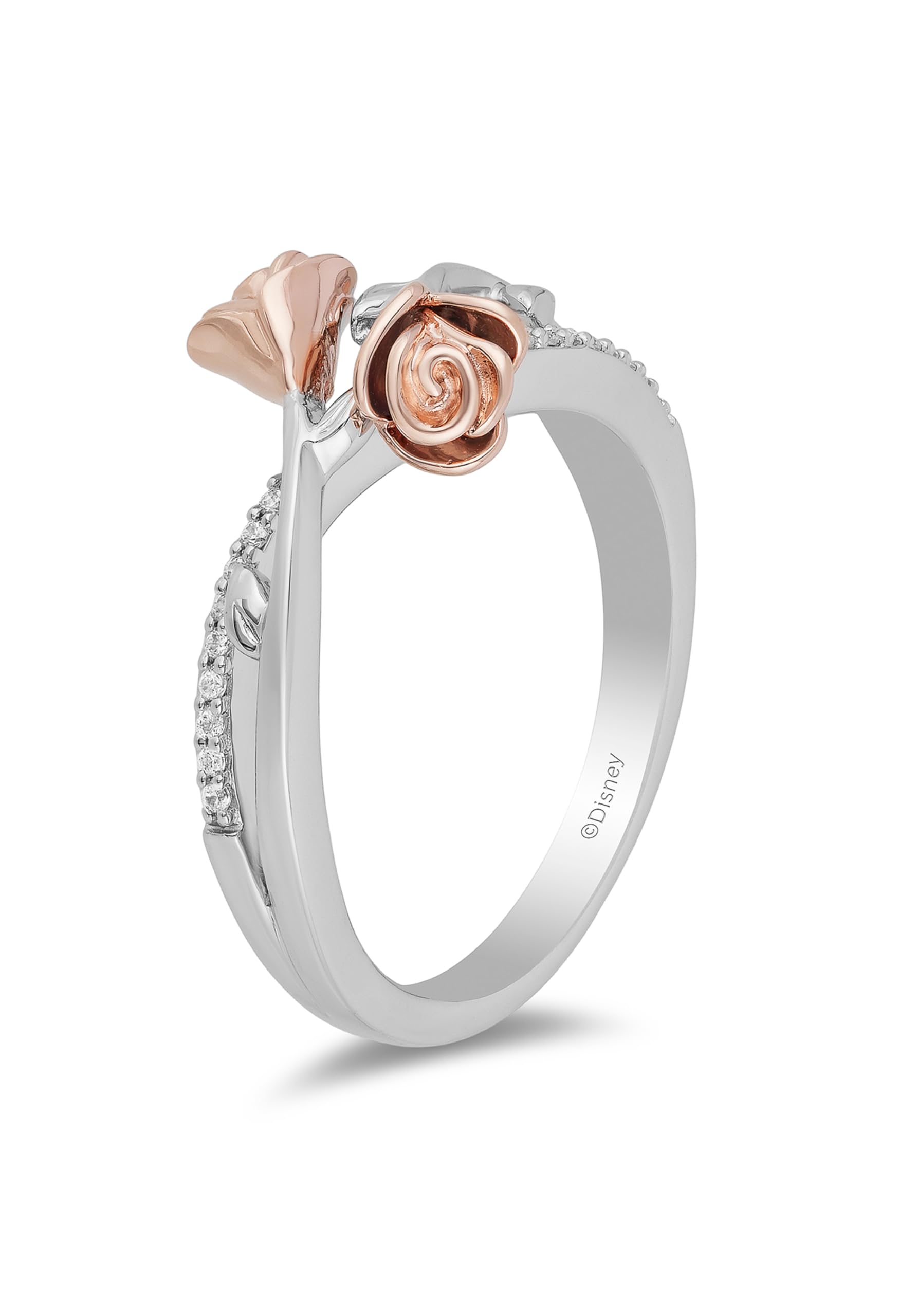 Jewelili Enchanted Disney Belle Rose Fashion Ring - 14K Rose Gold over Sterling Silver with 1/10 Cttw Diamond | Elegant Jewelry Gift for Women, Perfect for Anniversaries, Birthdays & Special Occasions