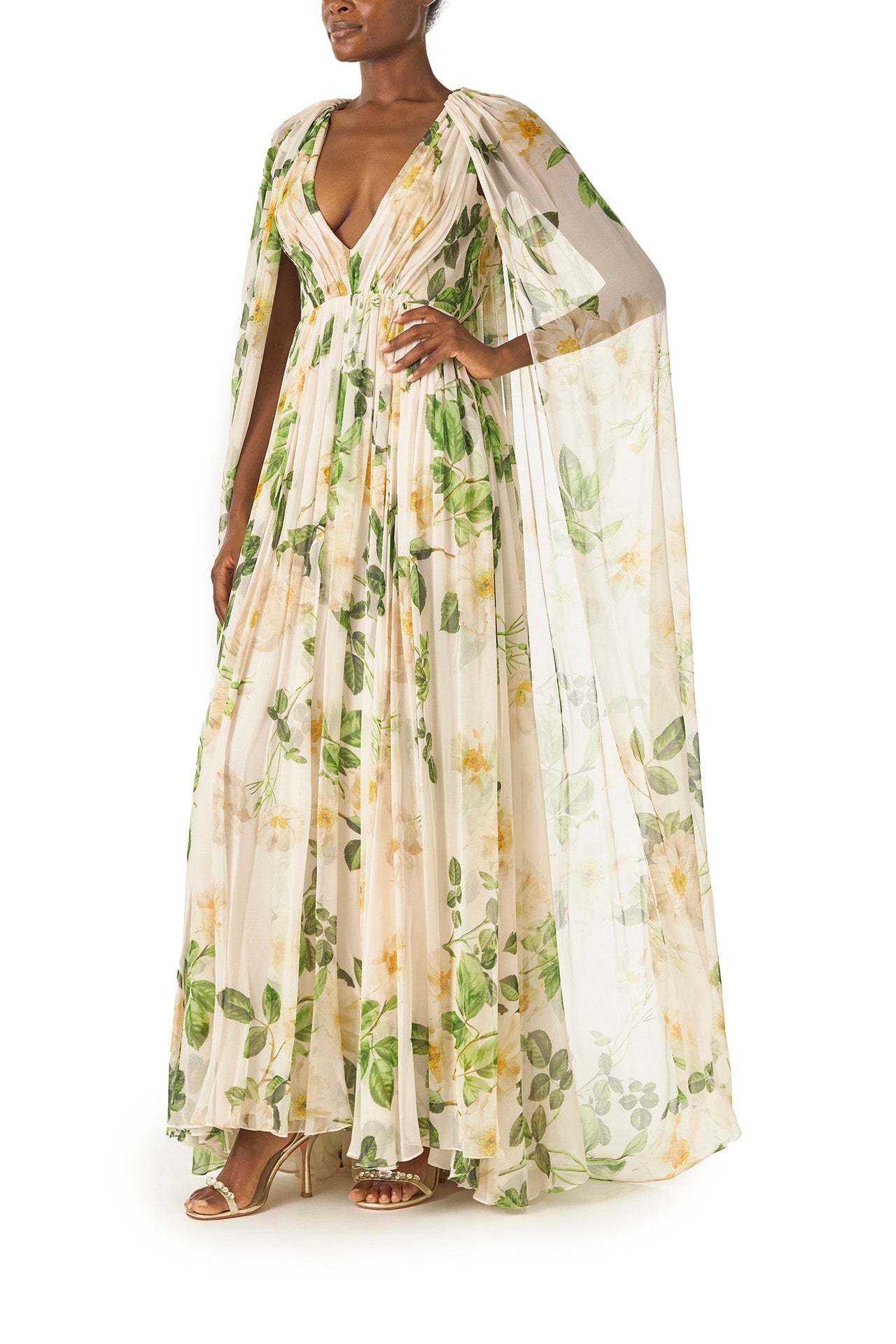 Elegant Floral Chiffon Deep V-Neck Evening Gown for Women - Perfect for Weddings, Prom & Formal Events
