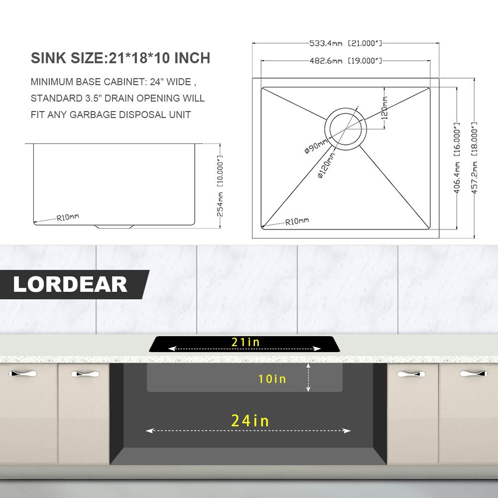 Lordear 21-Inch Undermount Bar Sink - 16 Gauge Stainless Steel Single Bowl Kitchen Sink Basin (21