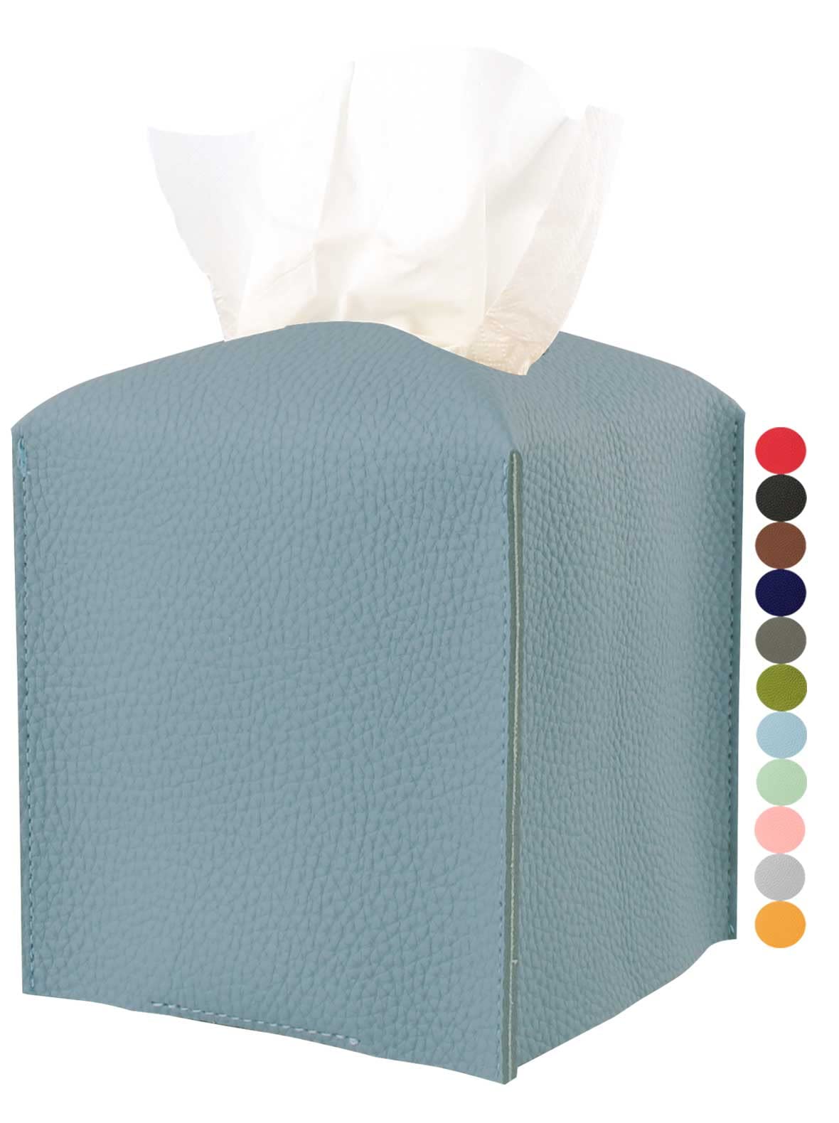 JESMINI Dark Pastel Blue PU Leather Square Tissue Box Cover with Bottom Belt - Modern Decorative Tissue Holder for Bathroom Vanity, Nightstand, Office Desk (5