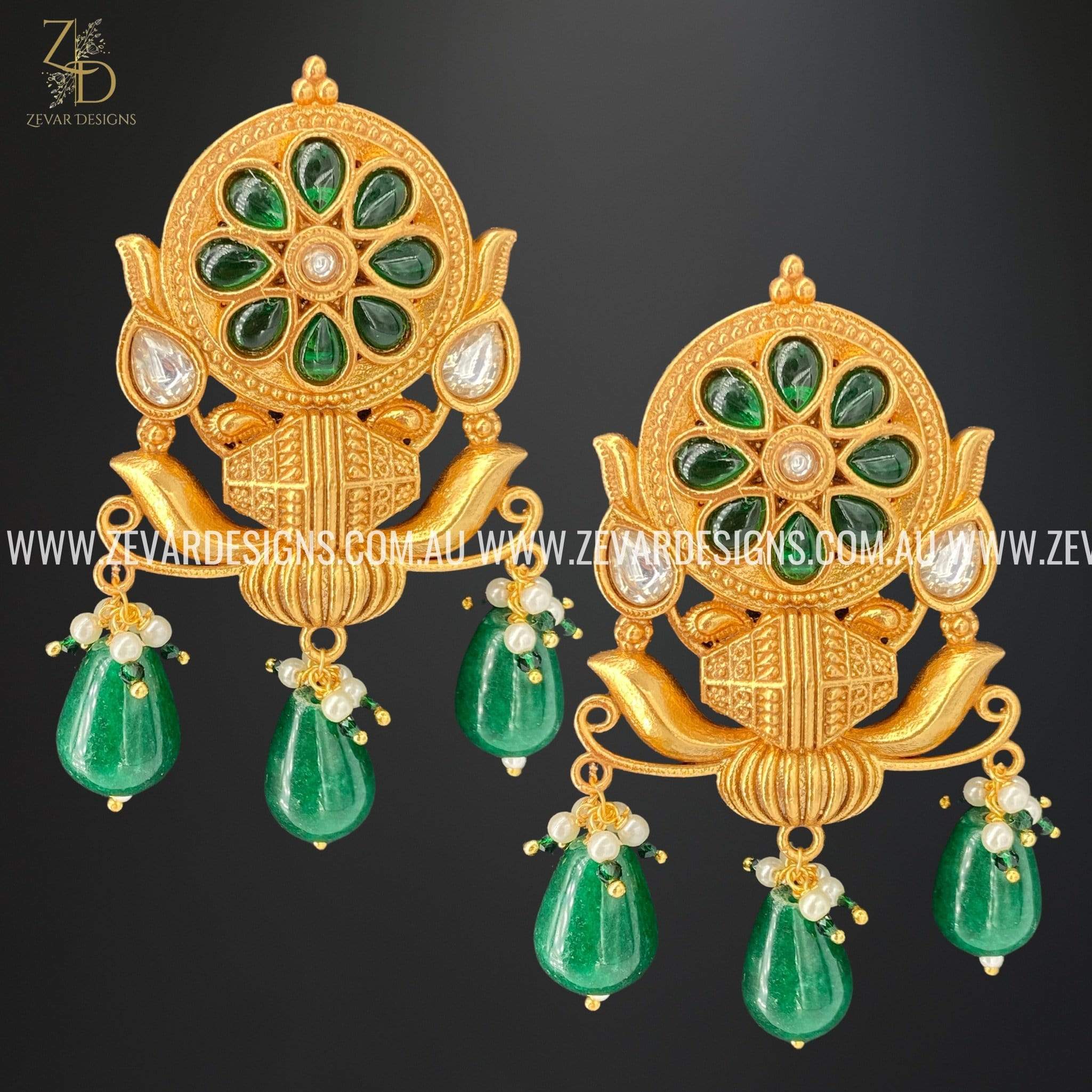 Amrapali Kundan Earrings with Carved Green Stone Drops | Traditional Indian Jewelry for Weddings, Parties & Festive Occasions