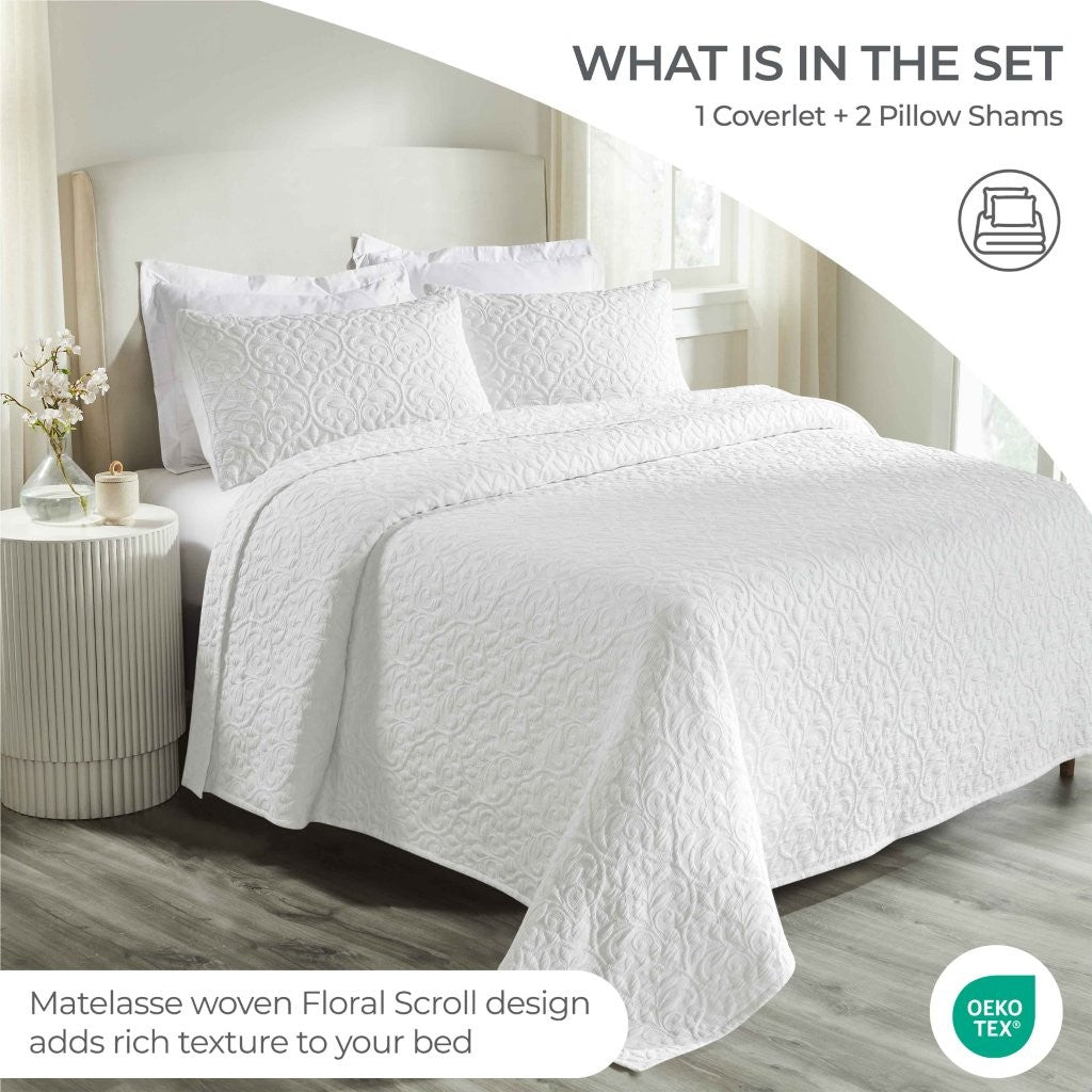 Premium Vineyard Cotton Blend Medium Weight Matelasse Woven Coverlet - Soft Bedspread for Master Bedroom, Guest Room & Luxury Hotels