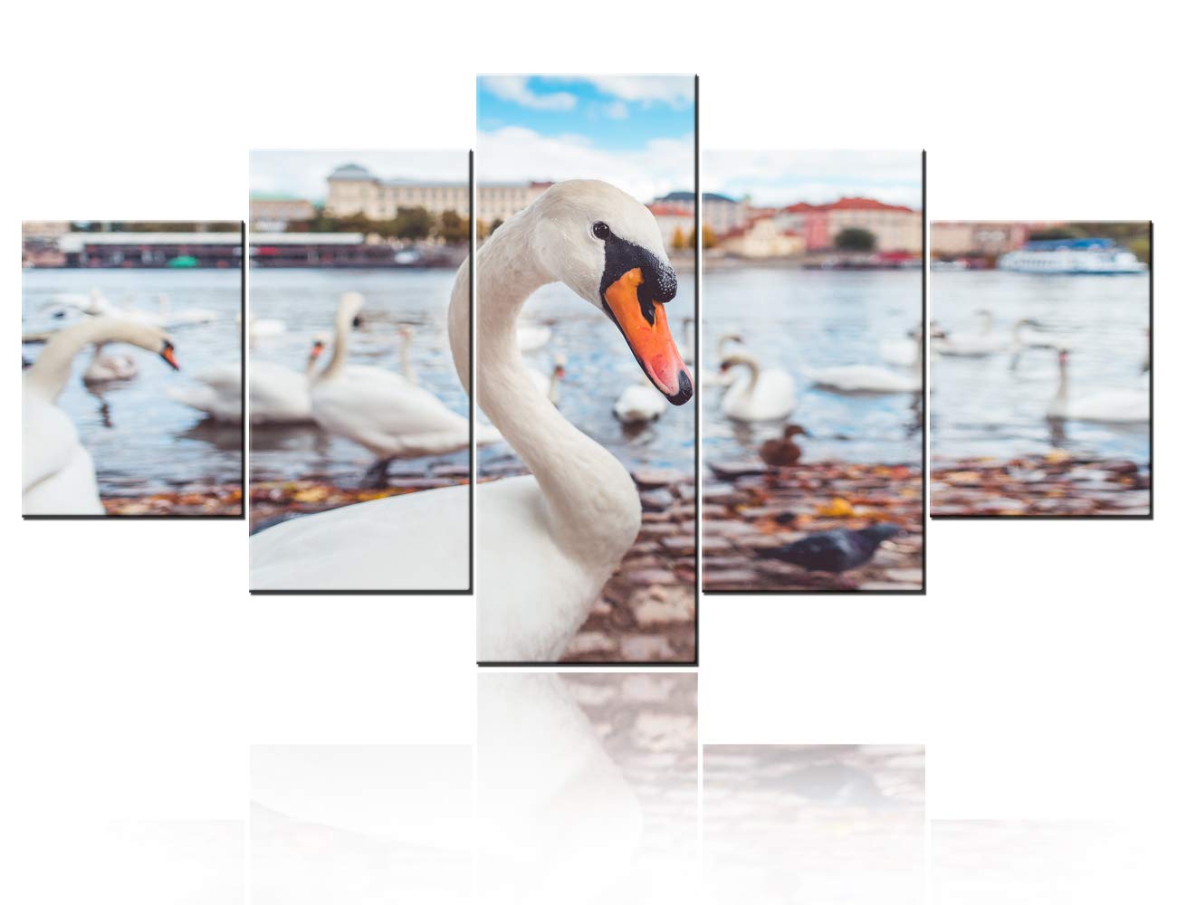 White Swan Water Play Canvas Wall Art - 5 Panel Modern Painting for Living Room, Bedroom, Kitchen, Bathroom & Office Decor | Perfect for Home, Apartment & Workspace Wall Decoration