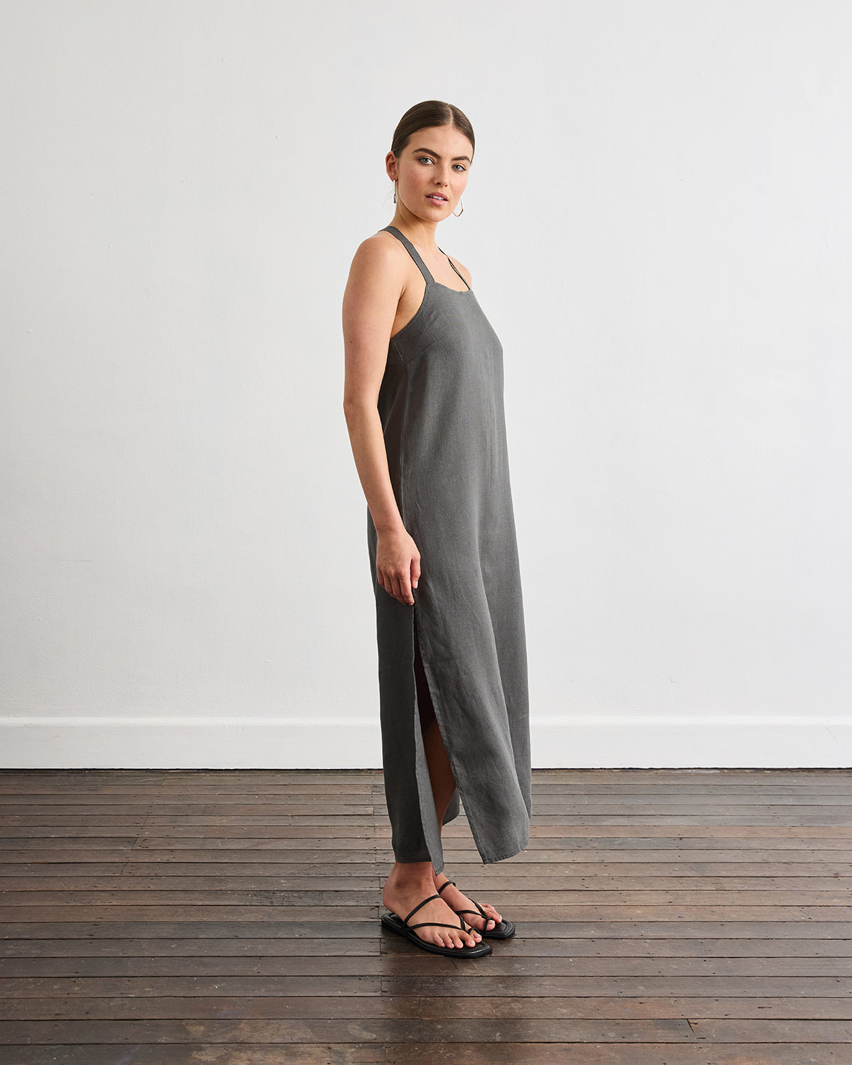 Boulevard Linen Maxi Dress in Charcoal - Flowy Summer Beach Dress for Women, Perfect for Vacations, Weddings & Casual Outings