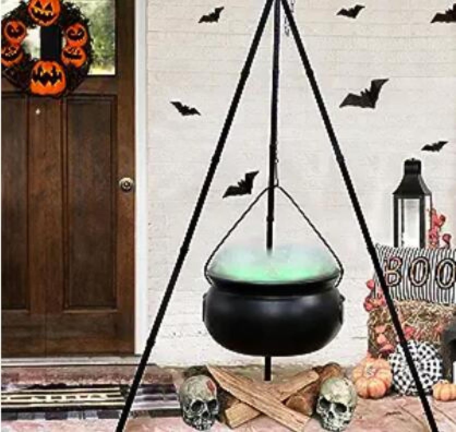 2024 Large Halloween Witches Cauldron with Tripod & LED Lights - 130cm Outdoor/Indoor Decor, Spooky Candy Bucket for Halloween Party, Yard, Haunted House Decorations | Durable Black Plastic Bowl