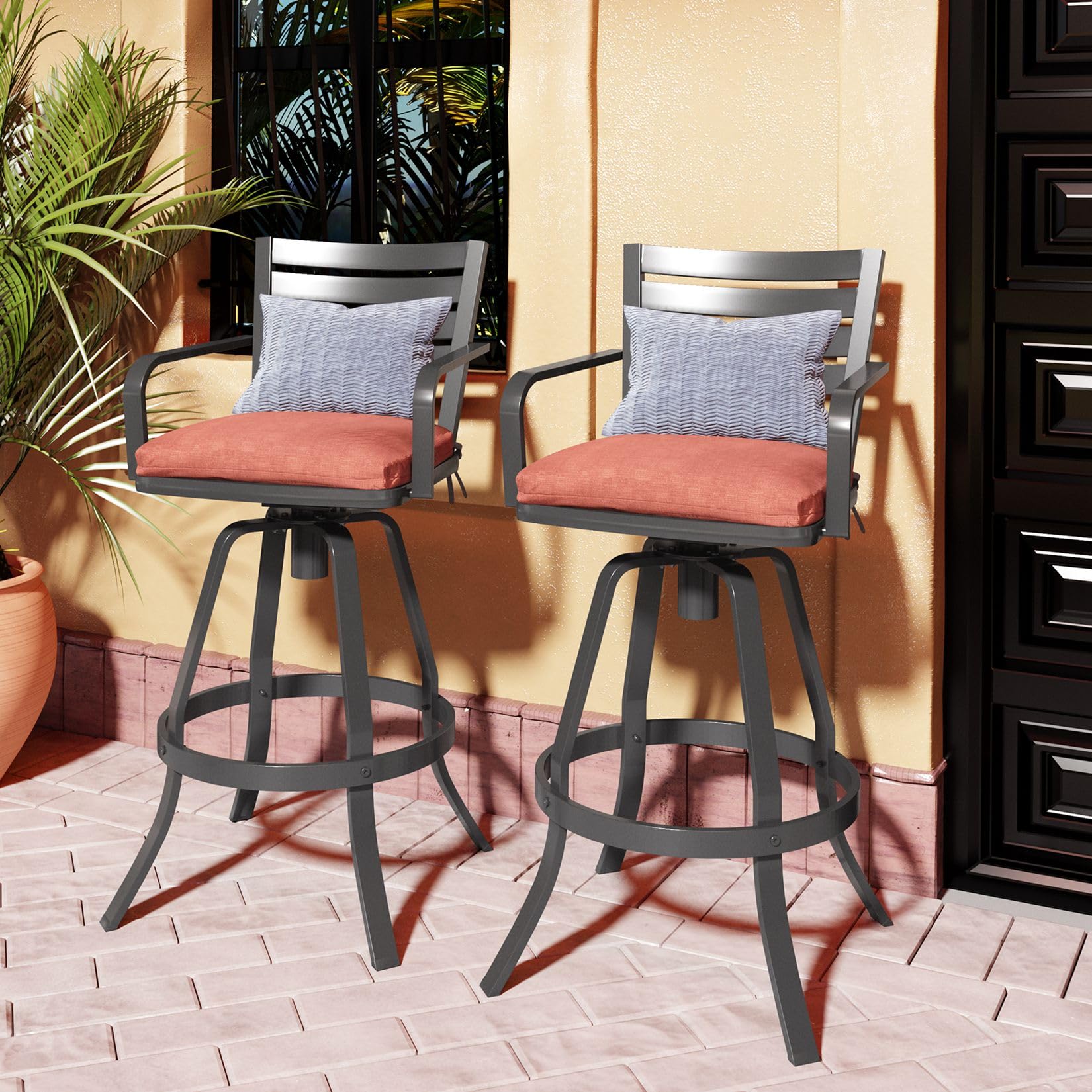 Pellebant Sunbrella Outdoor Bar Stools Set of 4 - 29.53 Inch Height Aluminum Swivel Patio Bar Stools with Footrest & Backrest - Waterproof & UV Resistant for Deck, Lawn, Garden, Poolside (Red) - Perfect for Outdoor Dining, BBQ Parties & Backyard Relaxation