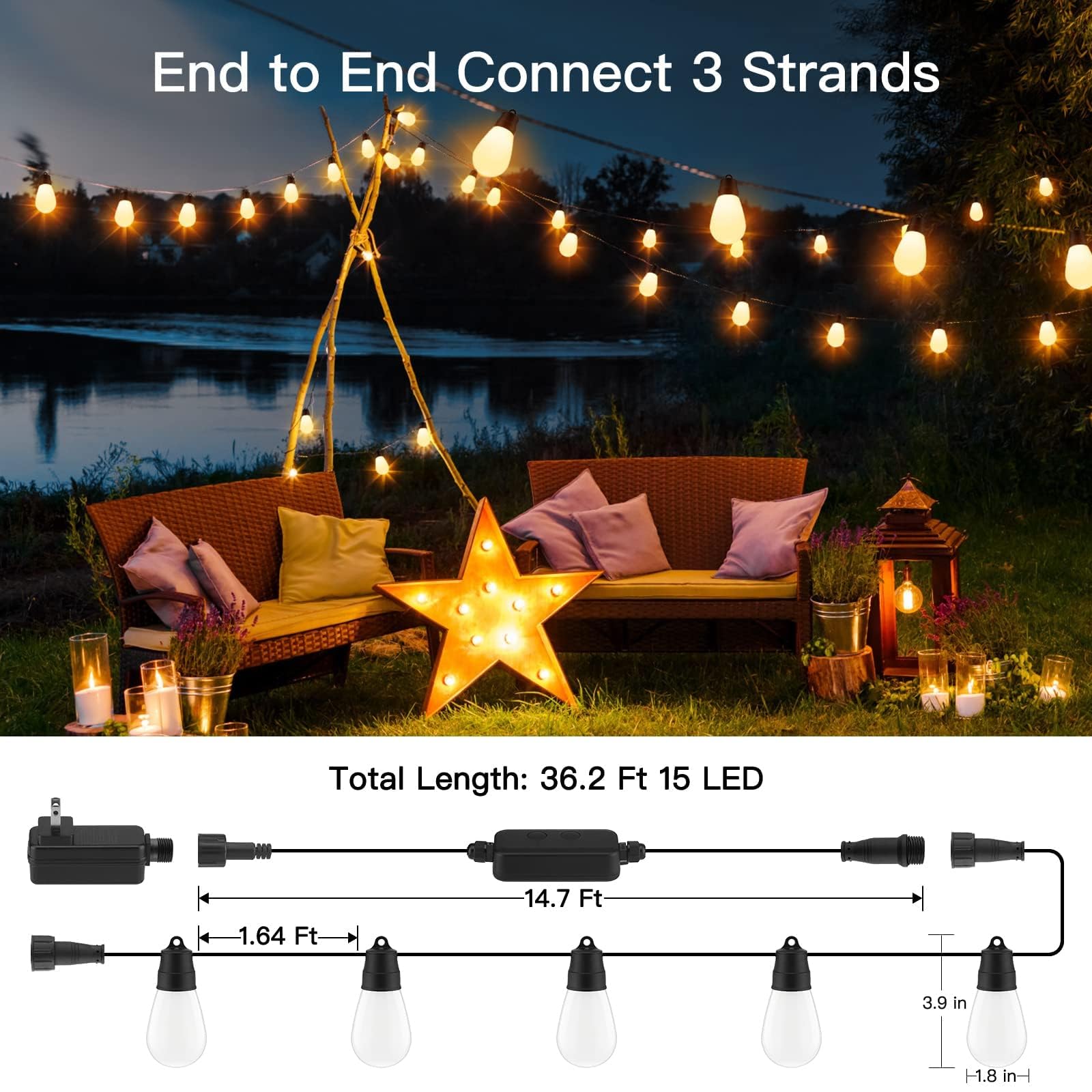 Smart Outdoor String Lights - 36ft App Controlled LED Lights with 3 Scene Modes, IP65 Waterproof & Shatterproof, Dimmable Hanging Lights with 15 Bulbs for Backyard, Balcony, Garden, Patio Party & Wedding Decorations