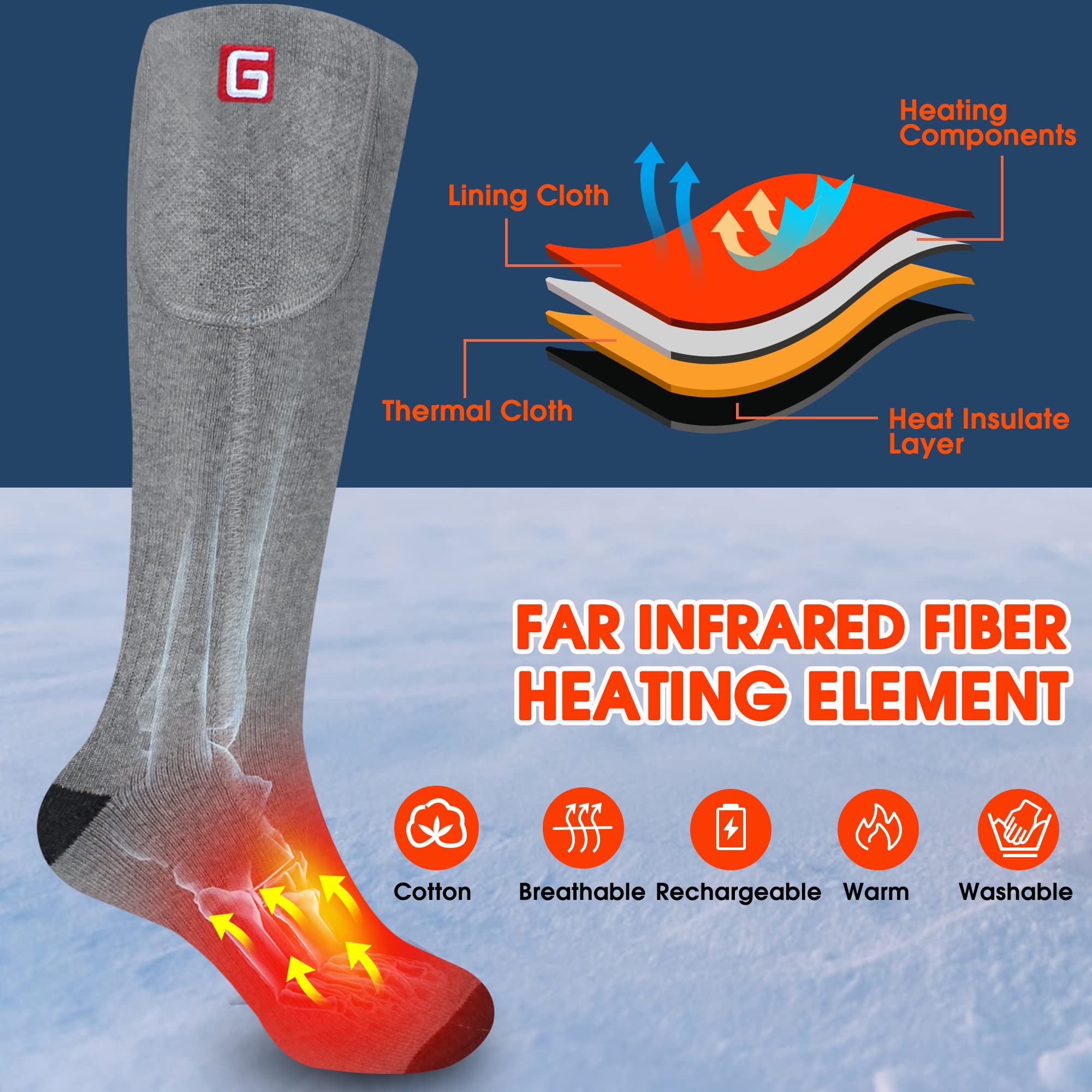 Rechargeable Electric Heated Socks for Men & Women - 3 Temperature Settings, Warm Cotton Thermal Winter Socks with 3.7V 2200mAh Battery (Grey, Large) - Perfect for Cold Weather Activities Like Camping, Hiking, Skiing & Motorcycle Riding