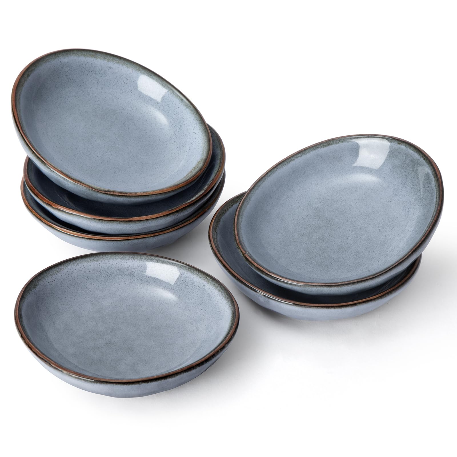 Famiware 6-Piece Ceramic Soy Sauce Dishes Set, 2.1oz Oval Dipping Bowls for Sushi, Appetizers, Snacks - Reactive Glaze, Dishwasher Safe, Blue - Perfect for Japanese Restaurants, Home Kitchens & Party Serving