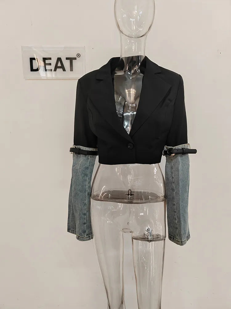 DEAT Fashion Women's High Waist Straight Leg Jeans with PU Leather Patchwork & Buckle Details - Trendy Streetwear Denim Pants for Spring 2023 | Perfect for Casual Outings, Parties and Everyday Wear