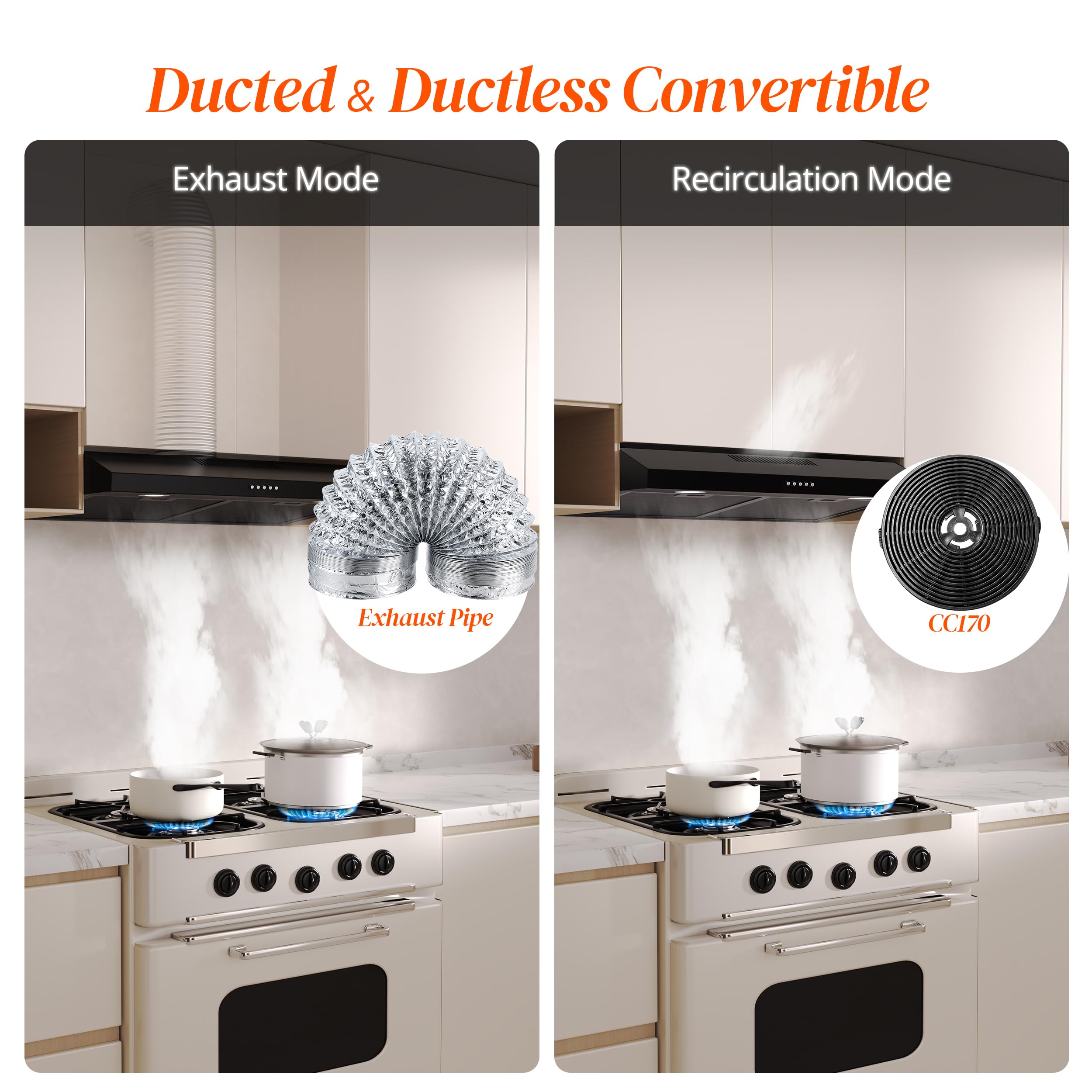 FIREGAS 30 Inch Black Under Cabinet Range Hood - 300 CFM Convertible Ducted/Ductless Kitchen Exhaust Fan with 3-Speed Brushless DC Motor & LED Lights - Perfect for Modern Kitchens, Apartments, and Small Spaces