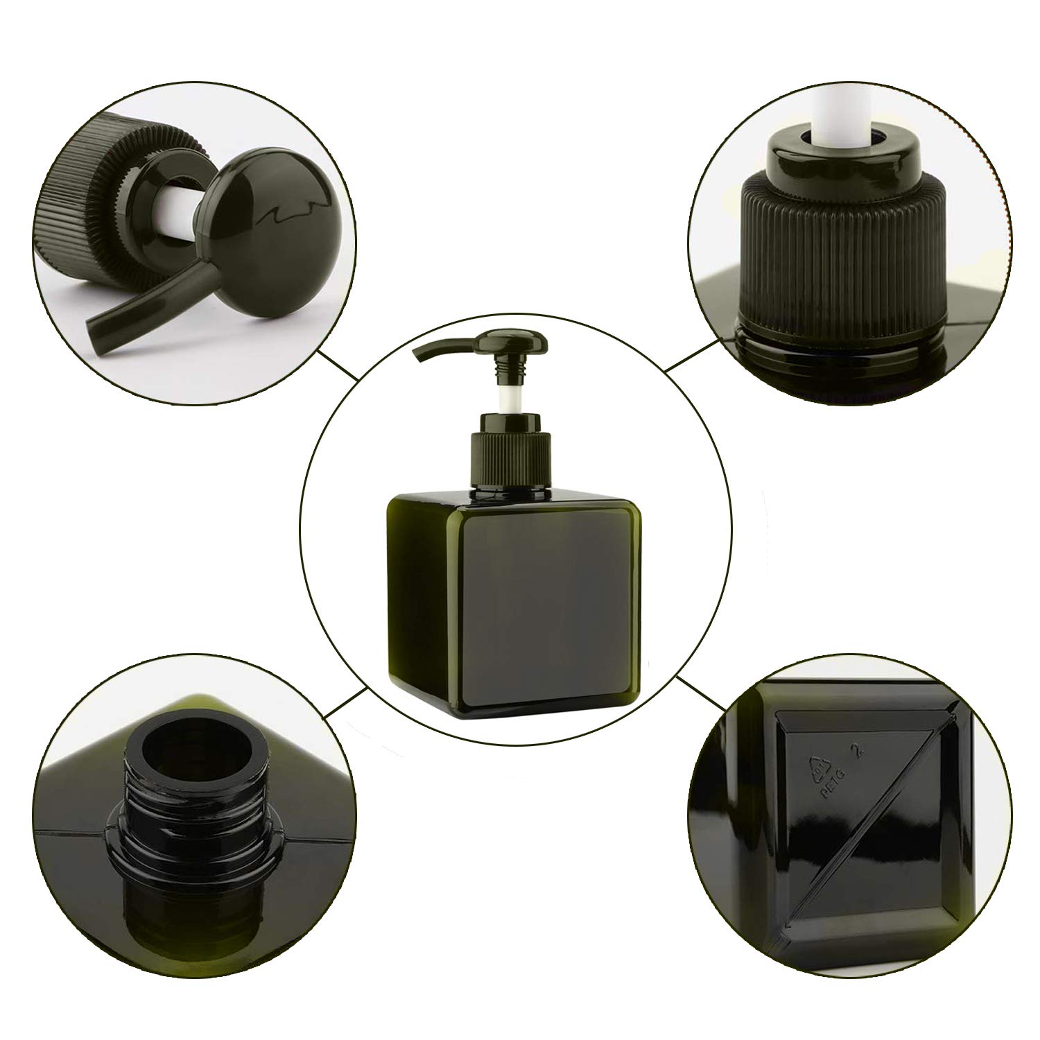 Alledomain 2-Pack 250ml (8.5oz) Empty Refillable Plastic Pump Dispenser Bottles - Square Lotion, Shampoo & Body Wash Containers for Bathroom, Travel & Toiletries Organization (Green + Brown) - Ideal for Shower Storage & Liquid Dispensing