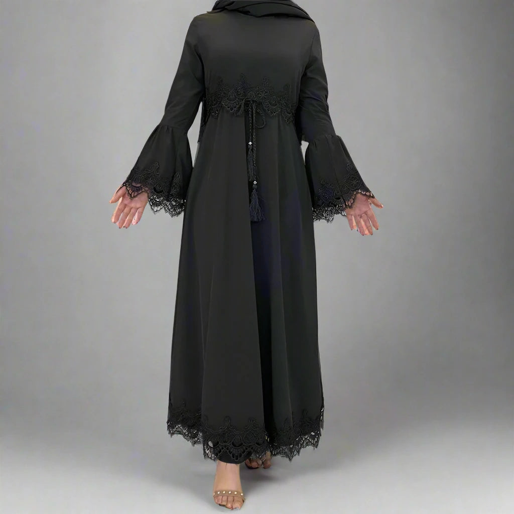 Elegant Black Lace Abaya Dress for Muslim Women - Modest Islamic Prayer Dress for Mosque, Wedding & Special Occasions