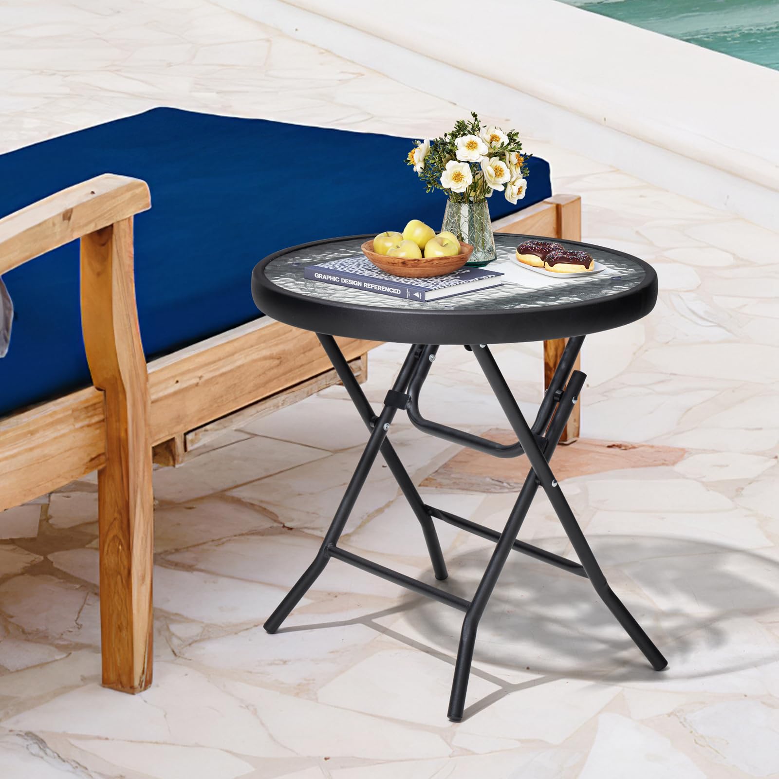 Foldable Side Table Set of 2 with Tempered Glass Top 18