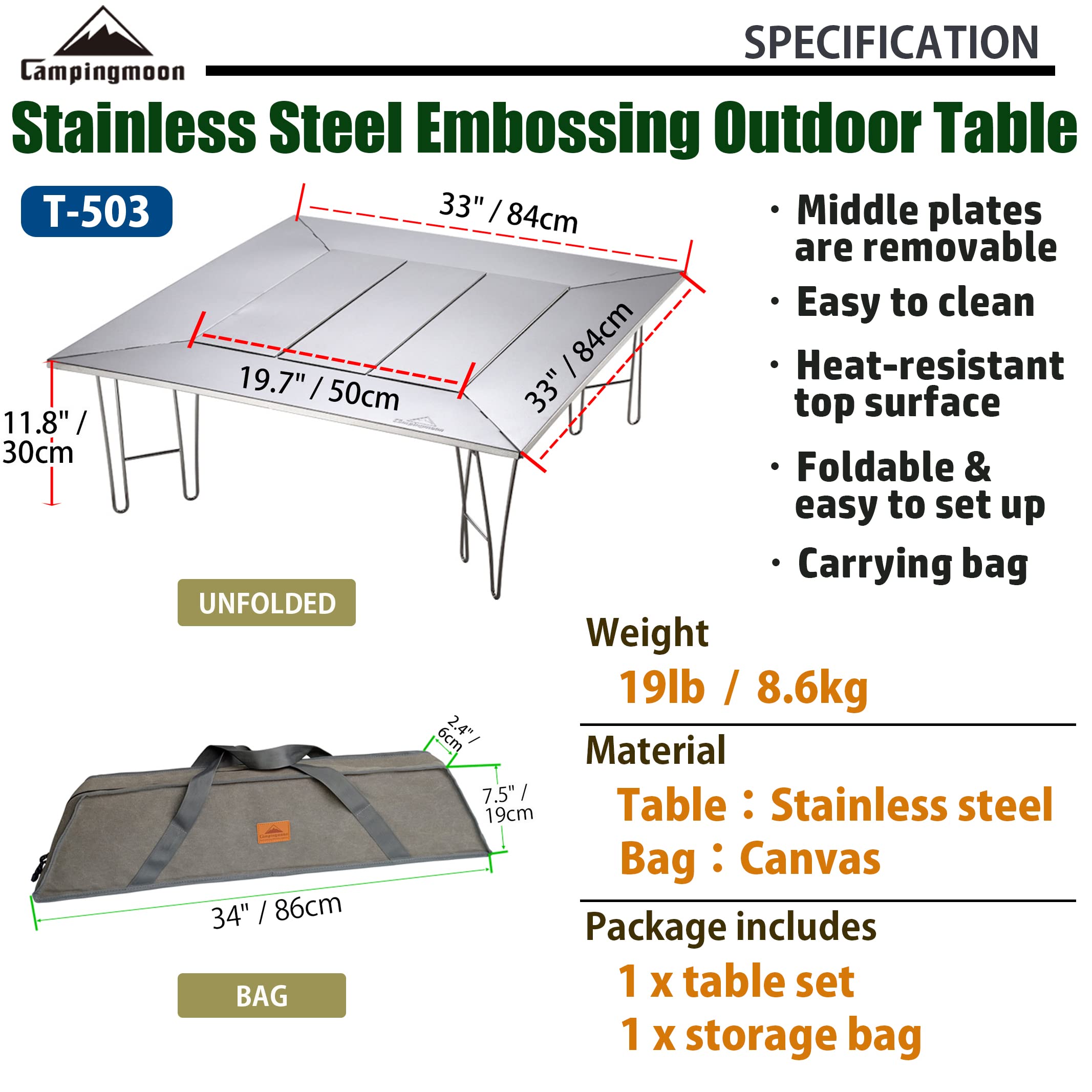 CampingMoon Portable Camping Grill Table with Removable Center Plates & Canvas Carrying Bag - Medium Size, Silver | Perfect for Outdoor BBQ, Picnics, Tailgating & Backyard Gatherings