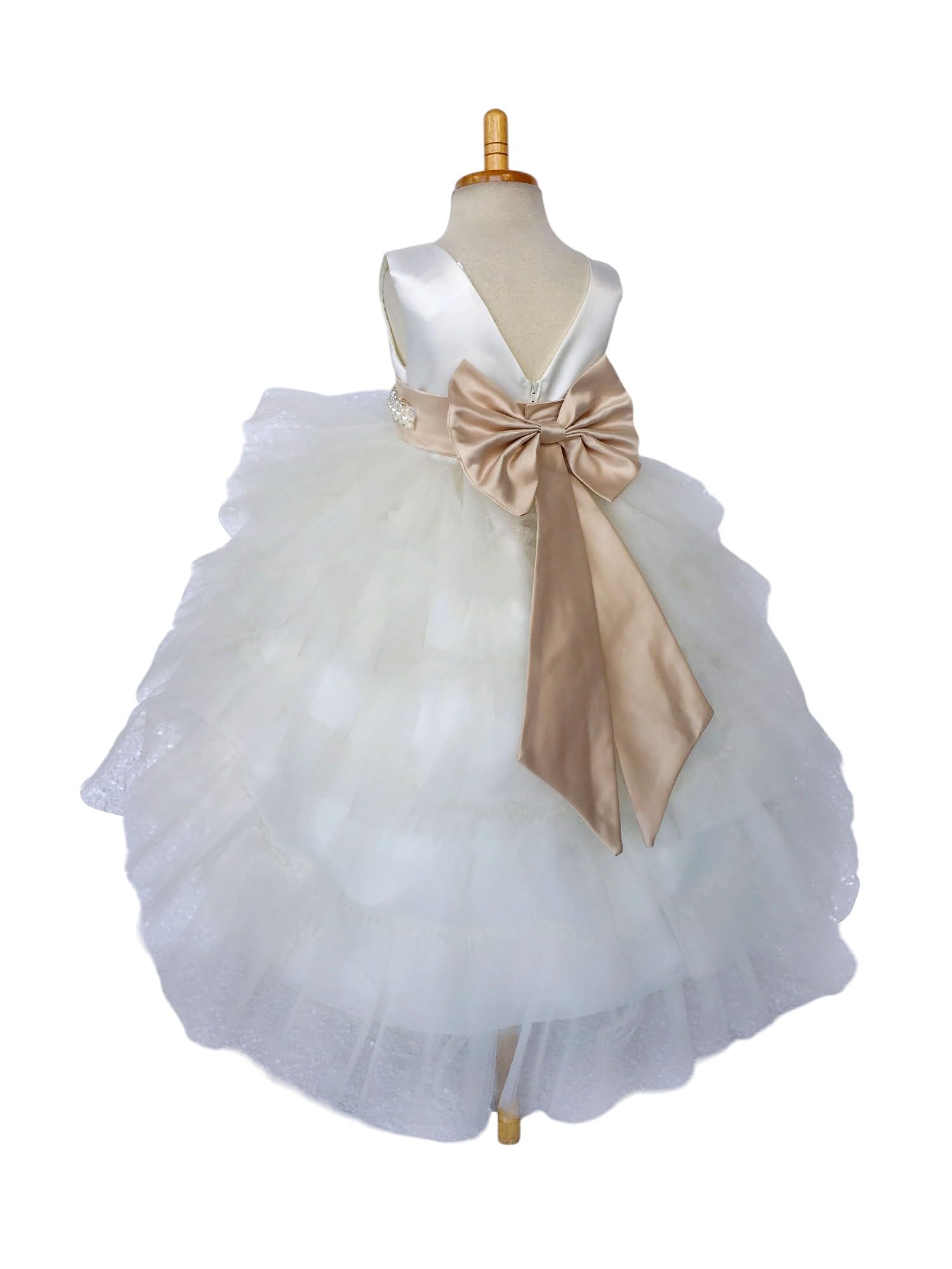 Ivory Sleeveless High-Low Tulle Flower Girl Dress with Ruffle Trim - Perfect for Weddings, Birthday Parties & Special Occasions (Size 16, Champagne Accessories Included)