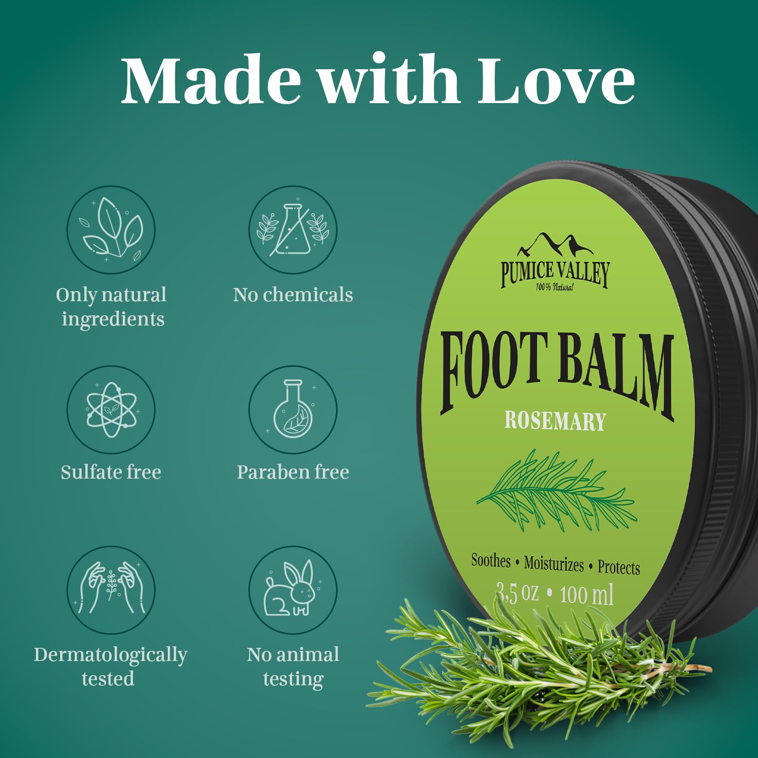 Pumice Valley Foot Balm Cream for Dry Cracked Heels & Calluses - Natural Moisturizing Foot Treatment with Rosemary - 3.5 Oz - Perfect for Pedicures, Foot Spa & Daily Foot Care