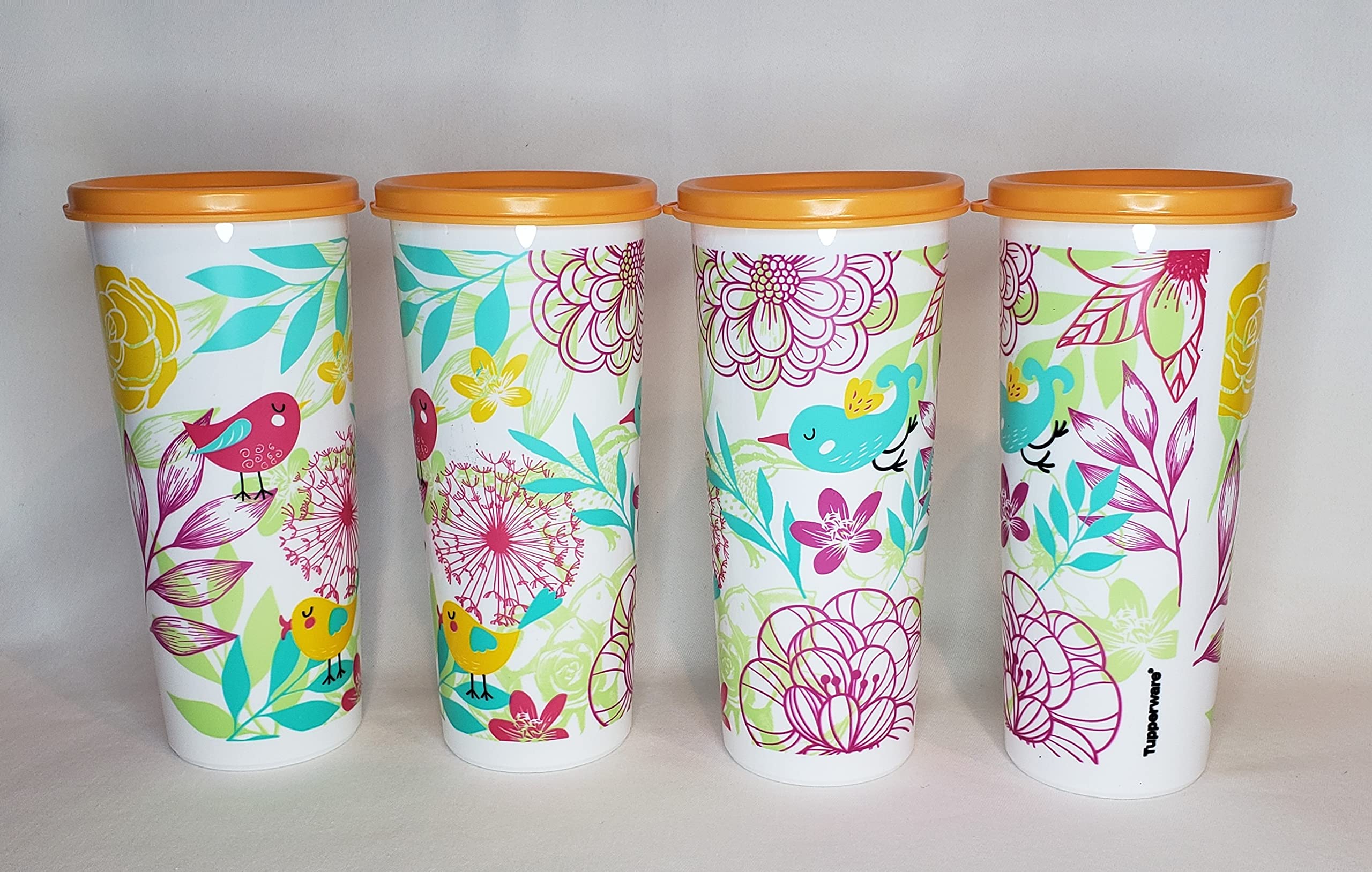 New Tupperware 16oz / 470ml Stackable Tumblers Set of 4 - Bird & Floral Design BPA-Free Drinking Glasses for Juice, Iced Coffee & Smoothies - Perfect for Picnics, Parties & Home Use