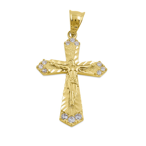 14K Solid Yellow Gold Jesus Christ on Cross CZ Pendant Necklace for Women - Religious Jewelry Gift for Baptism, First Communion & Easter