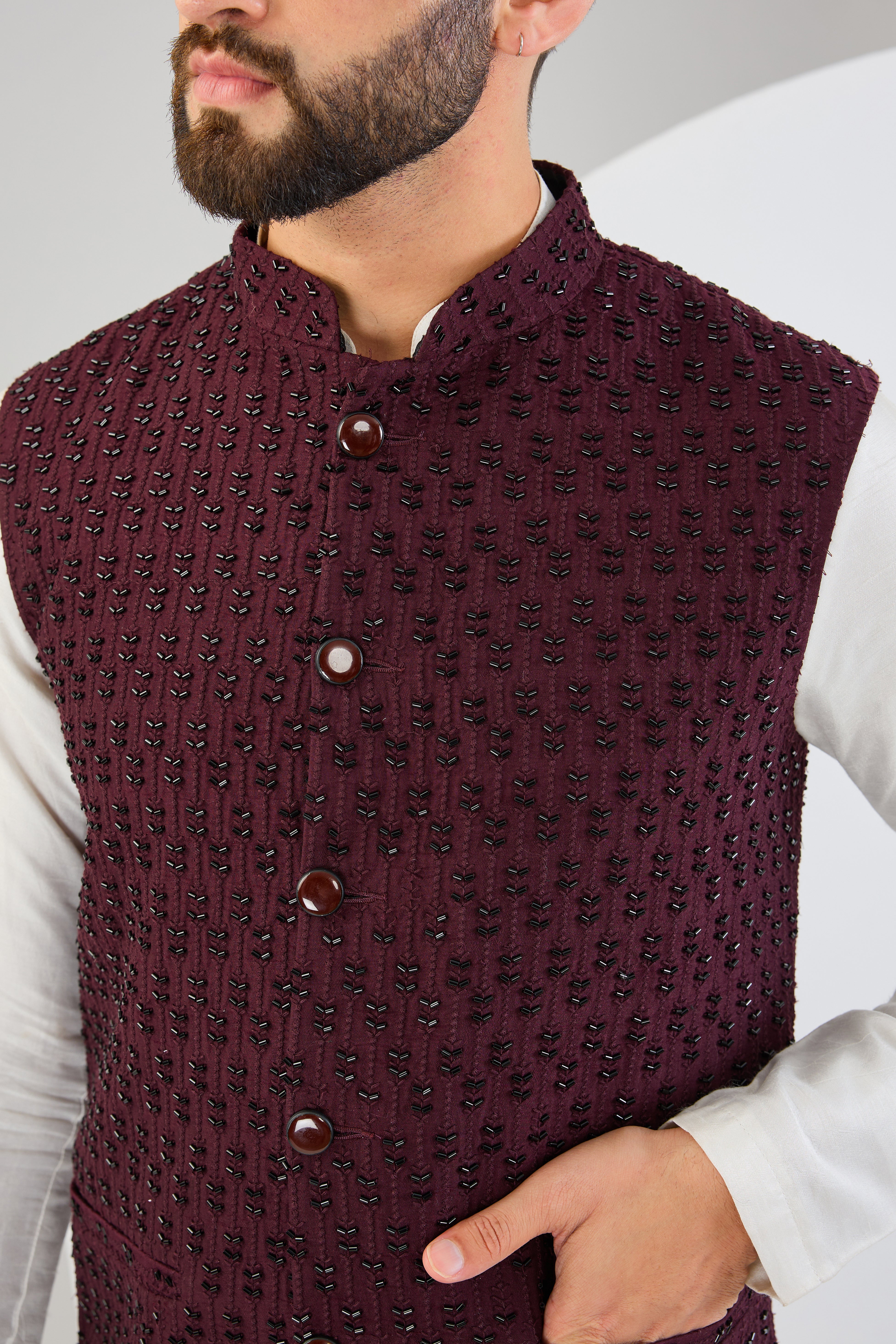 Elegant Maroon Nehru Jacket with Intricate Cut Dana Embroidery - Perfect for Weddings, Festivals & Special Occasions