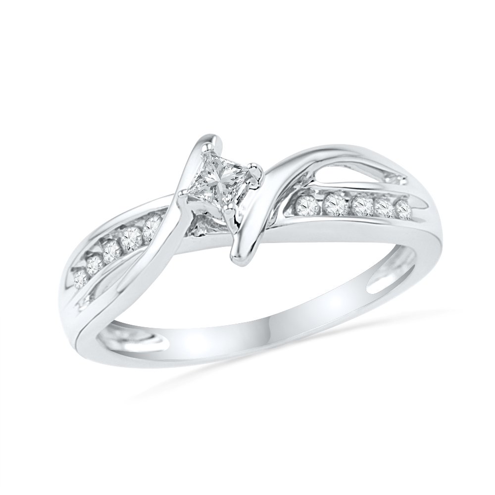 10KT White Gold Princess & Round Diamond Bypass Promise Ring (1/5 CTTW) - Elegant Engagement, Anniversary & Gift Jewelry for Her