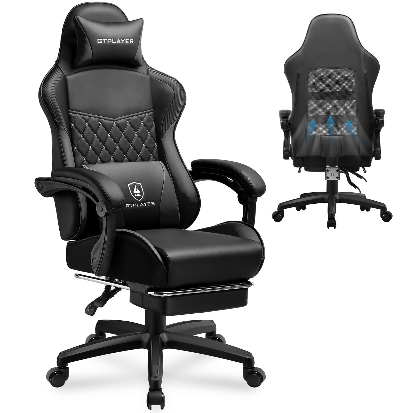 GTPLAYER Ergonomic Gaming Chair - High Back PU Leather Office Chair with Adjustable Height, Footrest & Lumbar Support - Removable Cover for Easy Cleaning - Perfect for PC Gaming, Home Office & Work (Black)