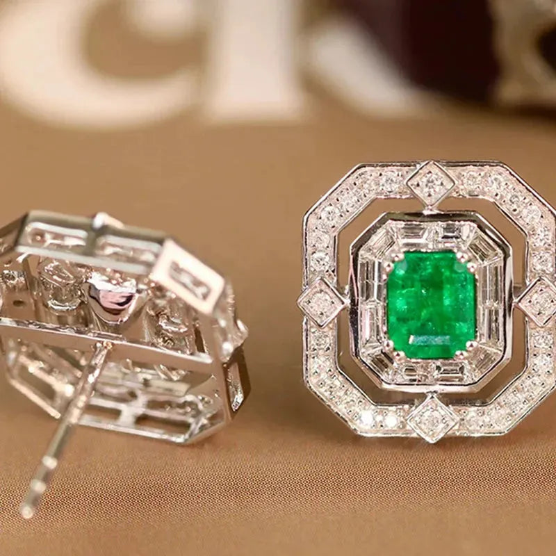 18K White Gold Earrings with Real Natural Emerald and Diamond - Classic Elegant Jewelry for Women's Engagement, Party & Special Occasions