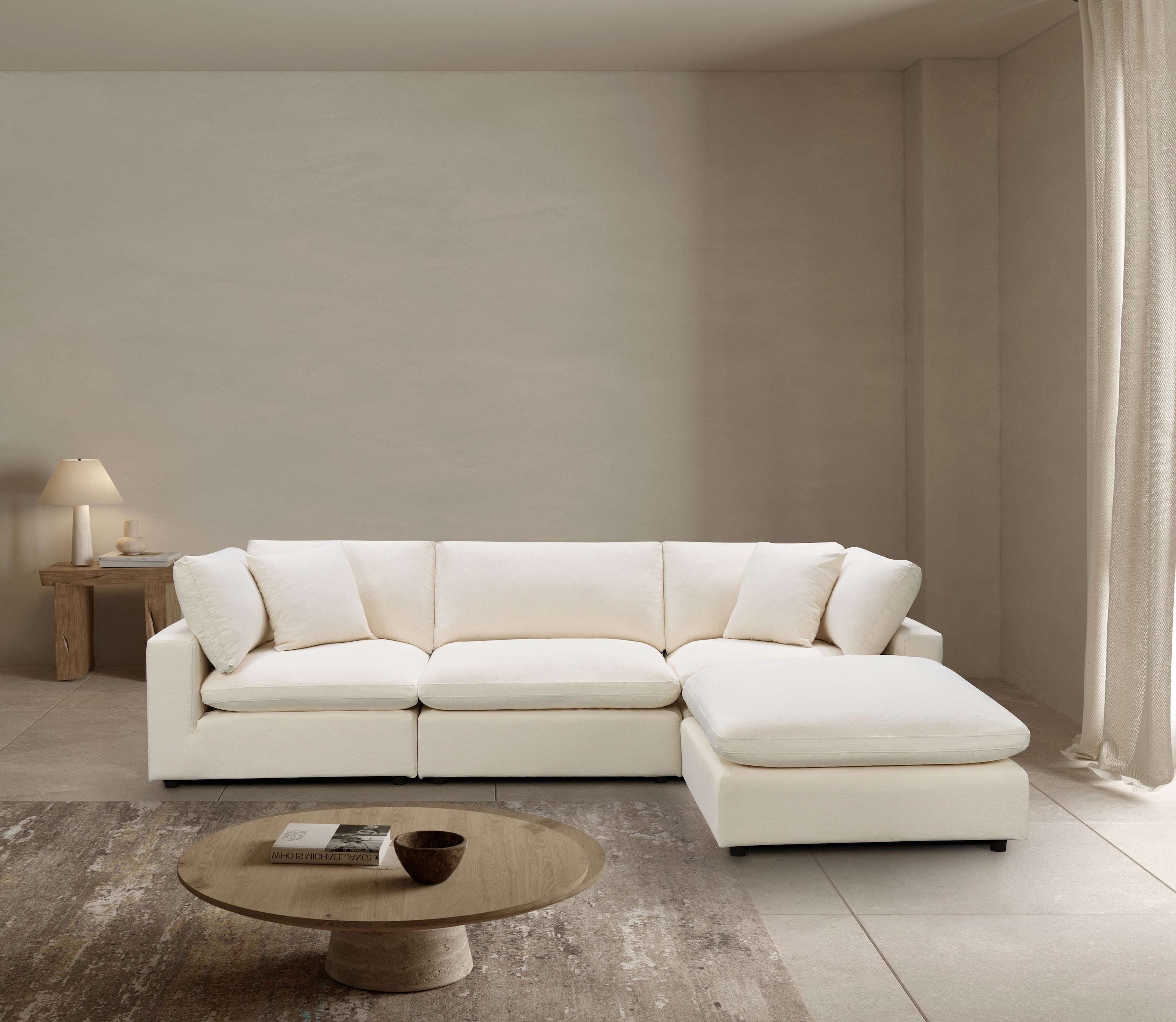 Cali Modular 4-Piece Chaise Sectional Sofa in Sol Ivory - Modern L-Shaped Living Room Furniture for Small Spaces & Apartments