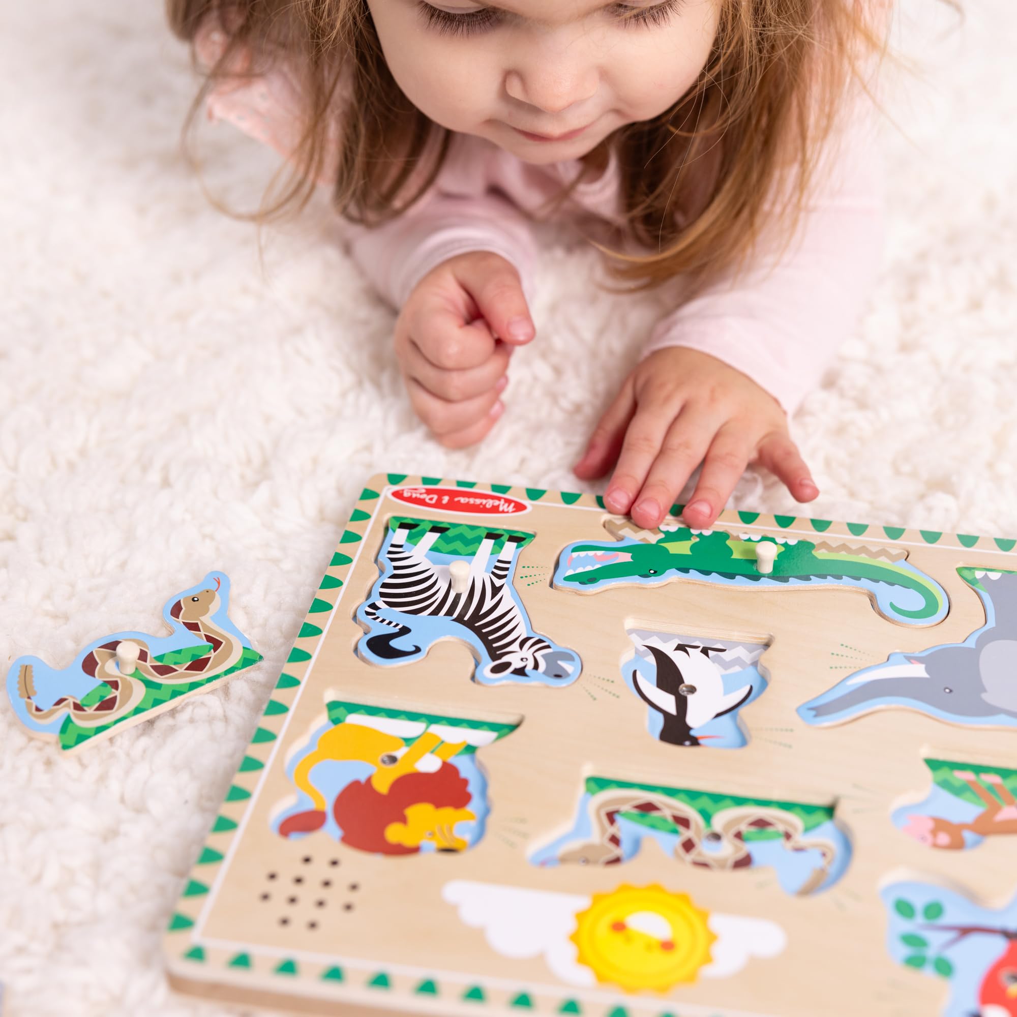 Melissa & Doug Zoo Animals Sound Puzzle - Wooden Peg Puzzle with Sound Effects (8 Pieces) - Educational Toddler Toy for Learning Animal Names & Sounds | Perfect for Preschool Classroom, Daycare & Home Playtime