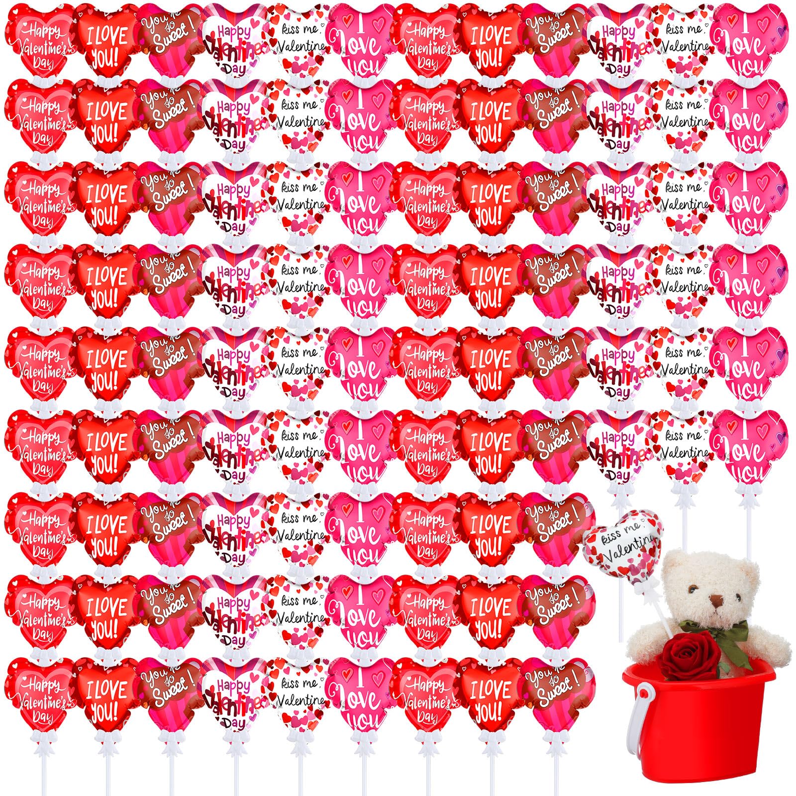100 Pcs 4 Inch Mini Heart Foil Balloons - Self Inflating I Love You Balloons with Sticks for Valentine's Day, Engagement, Wedding & Party Decorations - Romantic Home Decor, Anniversary Celebration, Baby Shower, Birthday Party Supplies