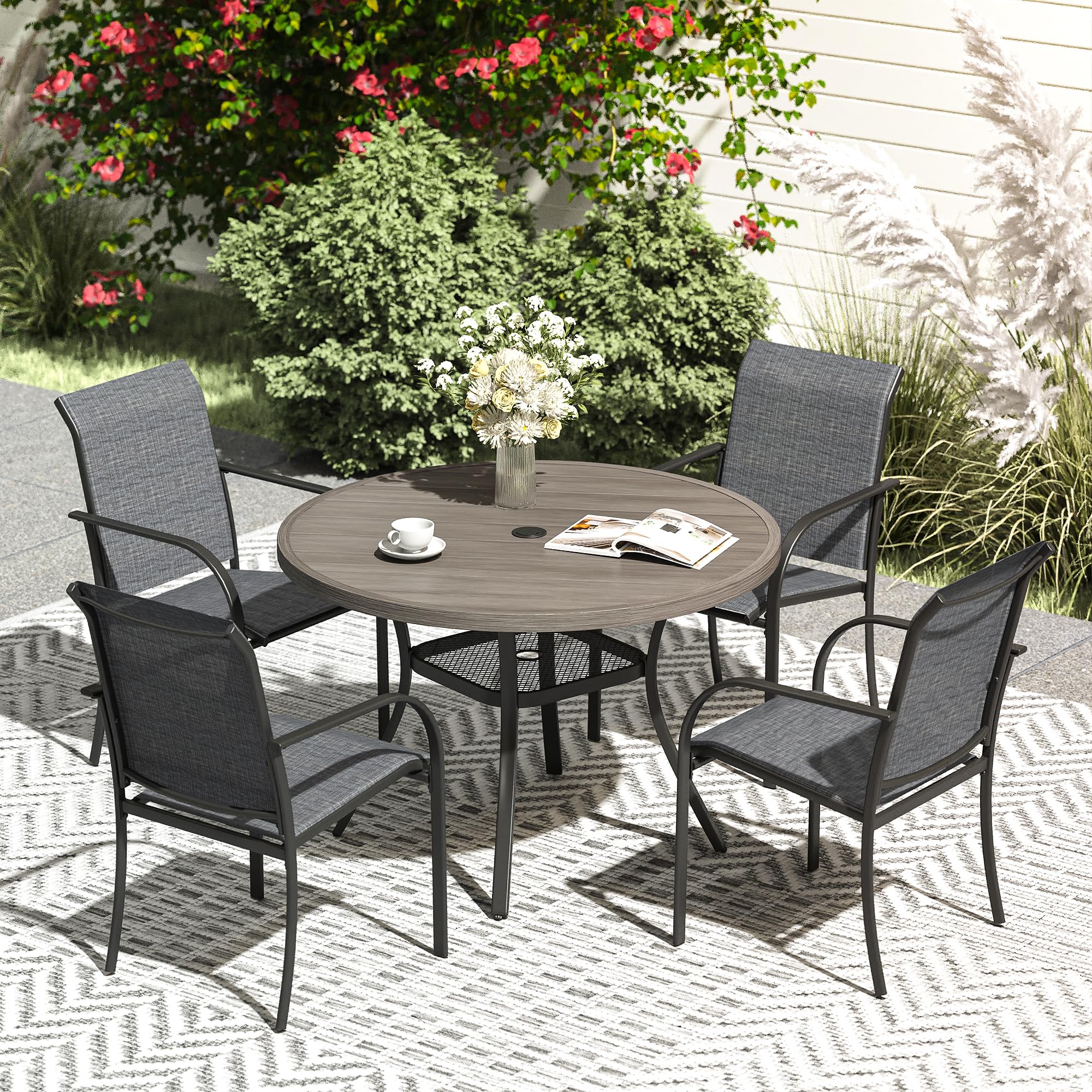 VICLLAX 5-Piece Outdoor Dining Set for 4 - Round Patio Table & 4 Stackable Chairs in Gray Wood-Like Finish & Dark Gray - Perfect for Backyard, Garden, Deck or Poolside Gatherings