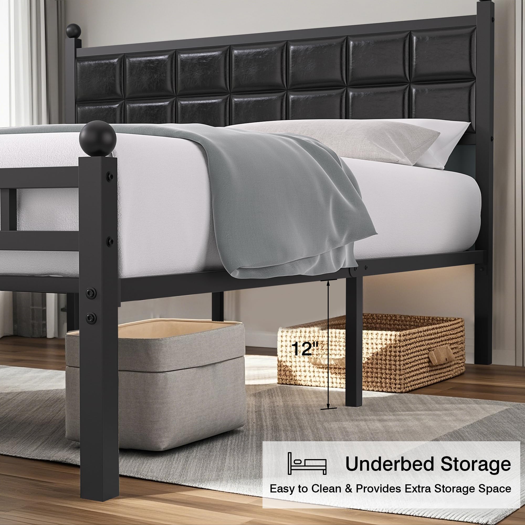 VECELO Queen Size Bed Frame with PU Upholstered Headboard - Heavy Duty Metal Platform Bed with 12 Inch Under Bed Storage, No Box Spring Needed, Black - Perfect for Small Bedrooms, Guest Rooms & Modern Apartments