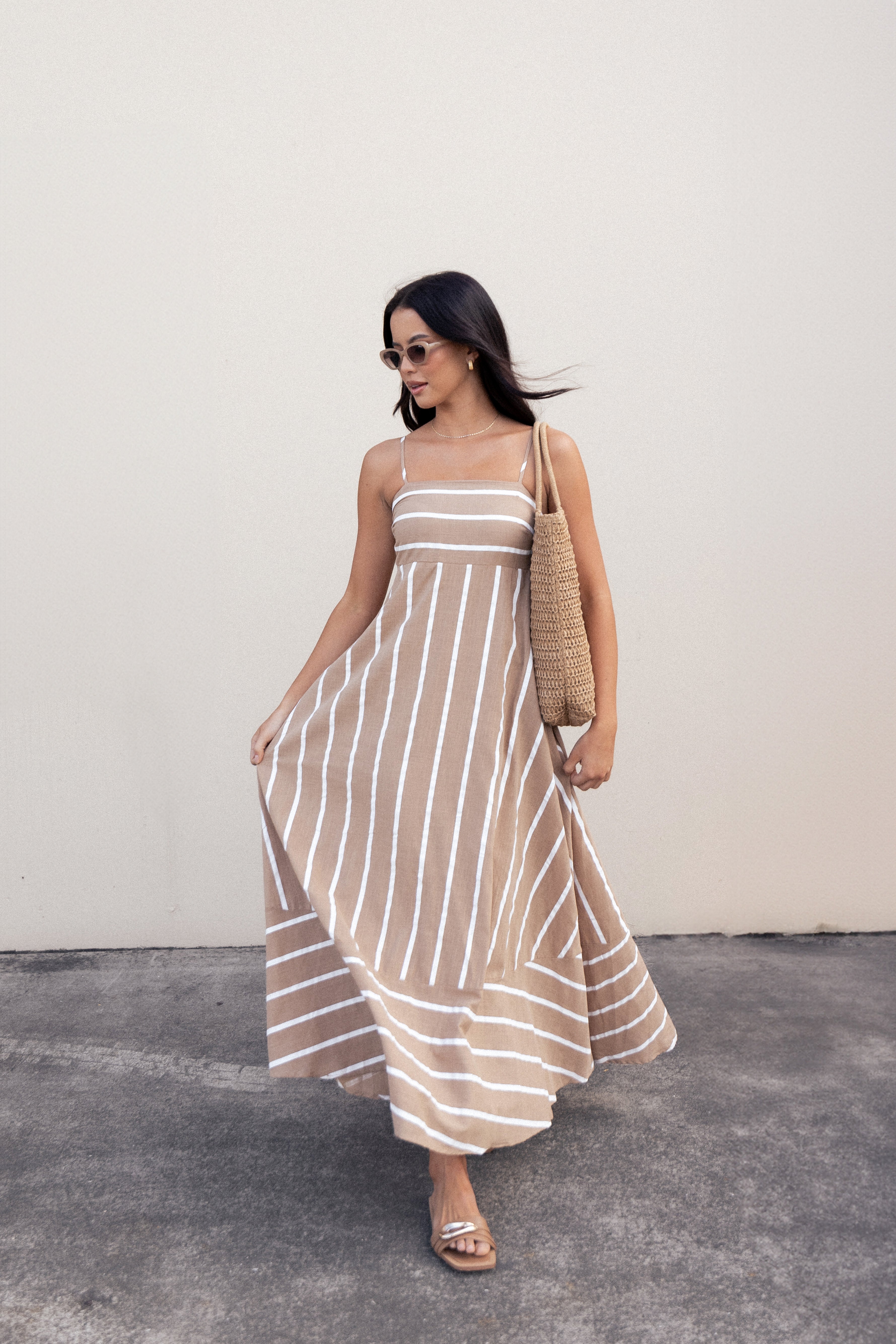 Brea Maxi Dress for Women - Tan Striped Flowy Summer Dress | Beach, Vacation & Casual Wear