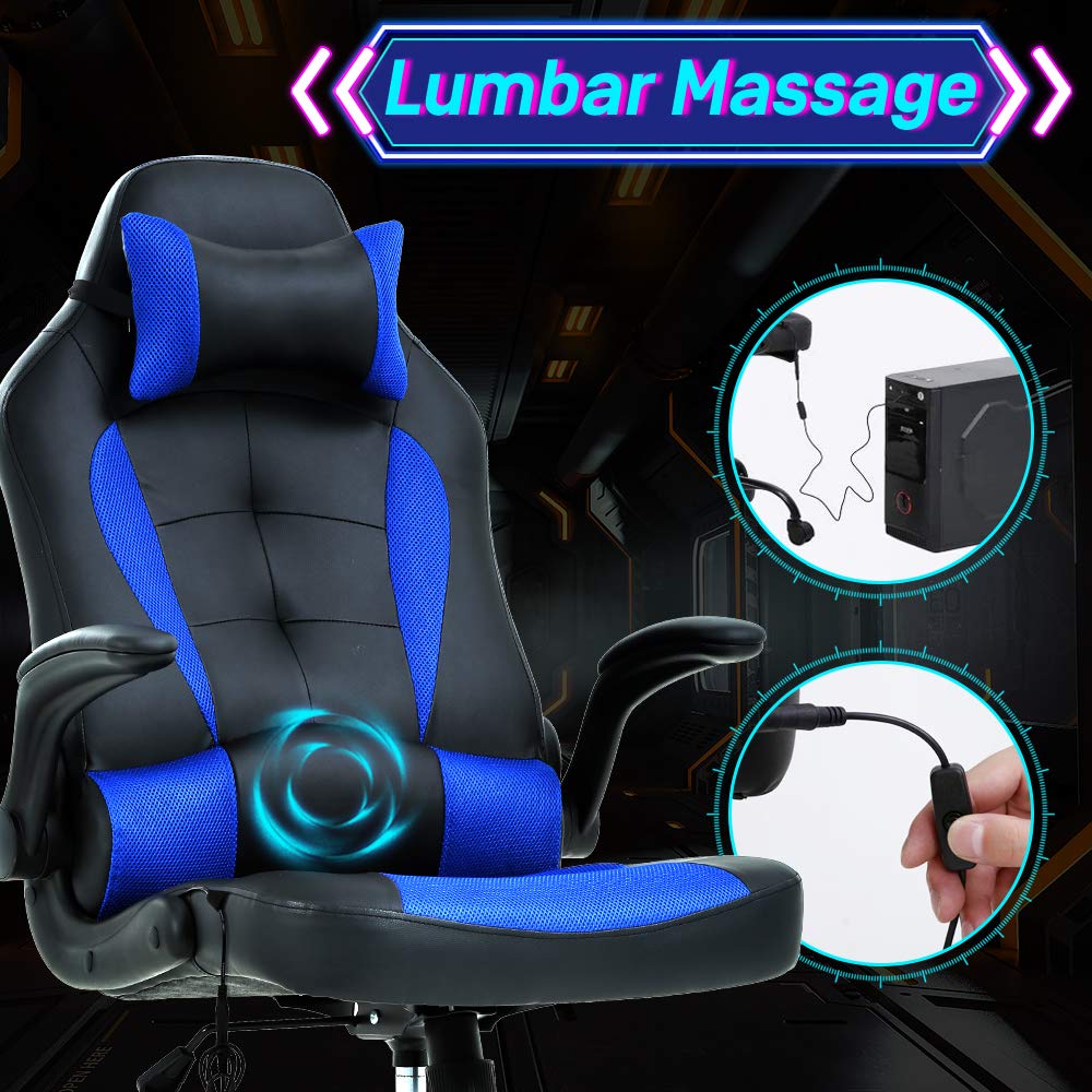 Ergonomic Gaming Chair with Lumbar Support & Headrest - Adjustable PU Leather Office Computer Chair for Video Games, Work & Home Use - Blue