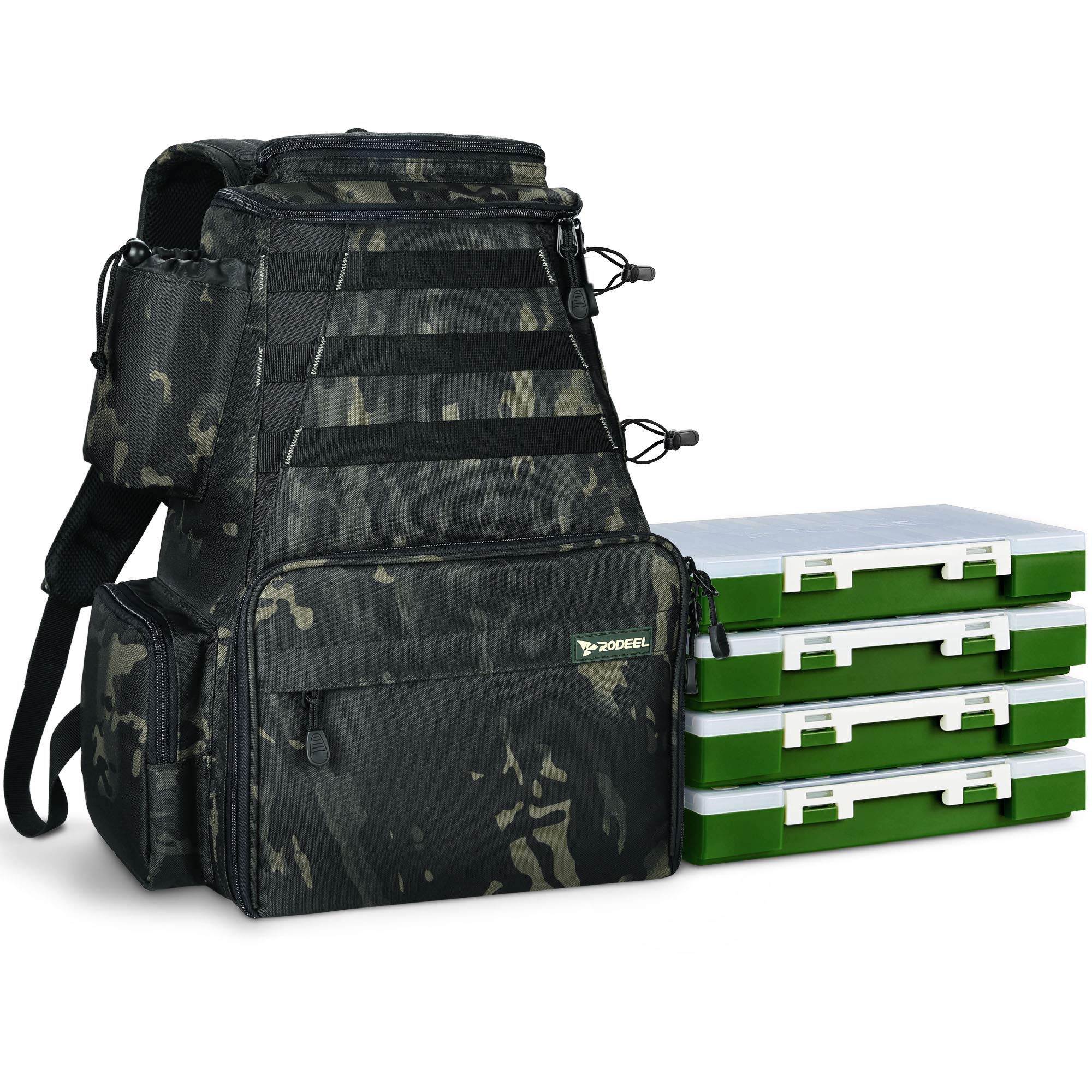 Rodeel Fishing Tackle Backpack with 2 Rod Holders & 4 Tackle Boxes - Large Capacity Waterproof Fishing Gear Backpack for Trout Bass Salmon Fishing, Camping, Hiking, Outdoor Sports - Perfect for Anglers & Outdoor Enthusiasts