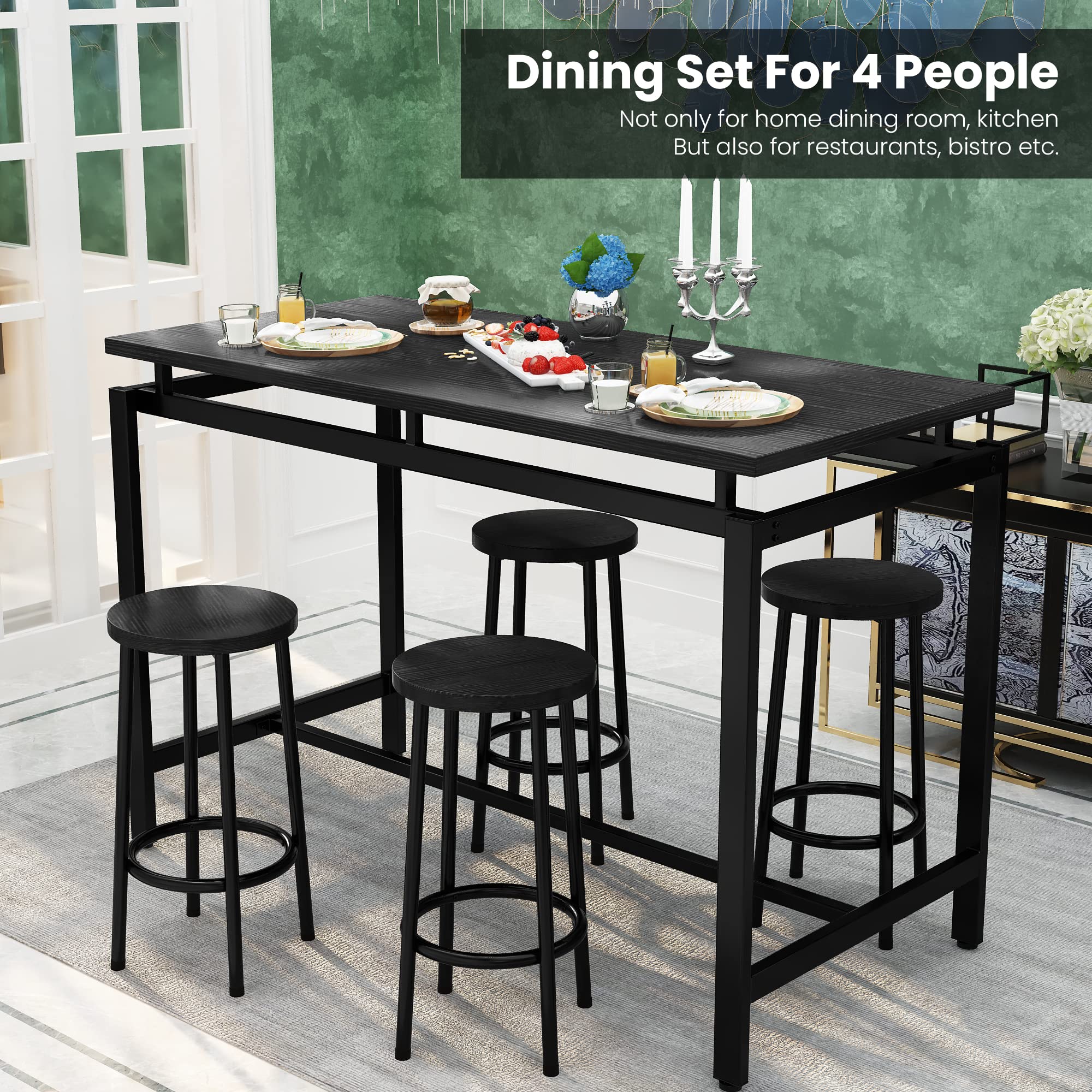 DKLGG 5-Piece Wooden Dining Table Set for 4 - Small Kitchen Table with 4 Stools, Space-Saving Bar Height Table & Chairs Set - Perfect for Breakfast Nook, Small Apartments & Cozy Dining Spaces