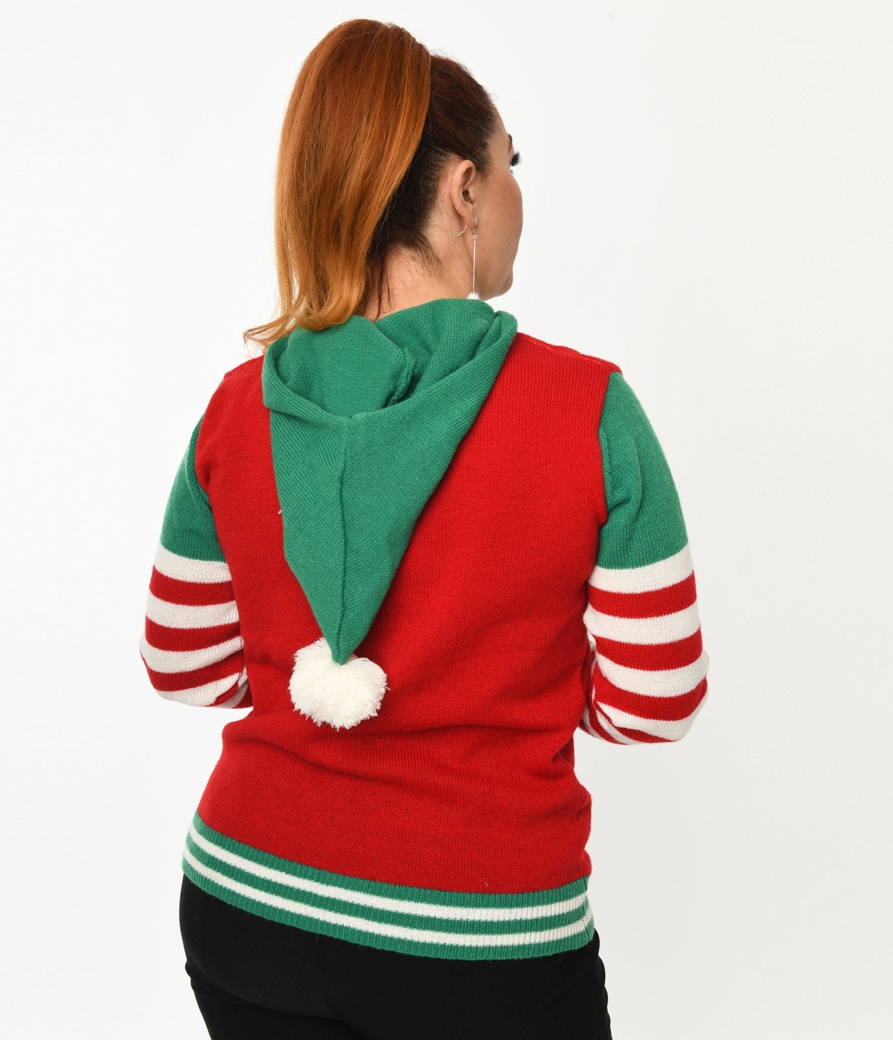 Festive Red & Green Elf Hooded Christmas Sweater - Cozy Holiday Pullover for Xmas Parties, Family Gatherings & Winter Celebrations