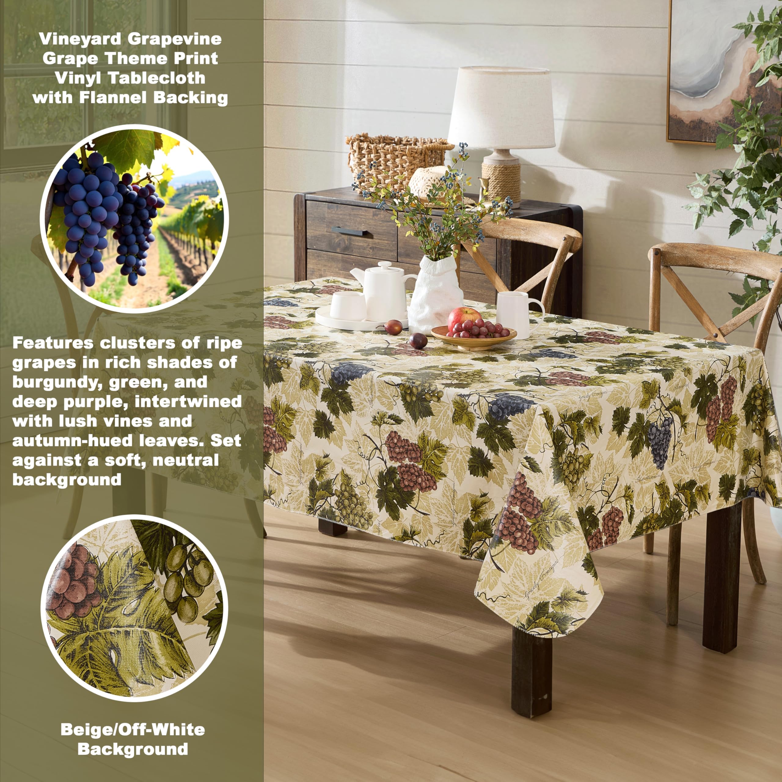 Newbridge 60 x 102 Inch Rectangle Vinyl Tablecloth - Waterproof Flannel Backing with Grapevine Print for Indoor/Outdoor Use | Perfect for Dining, Picnics, BBQs, Patio & Kitchen Decor
