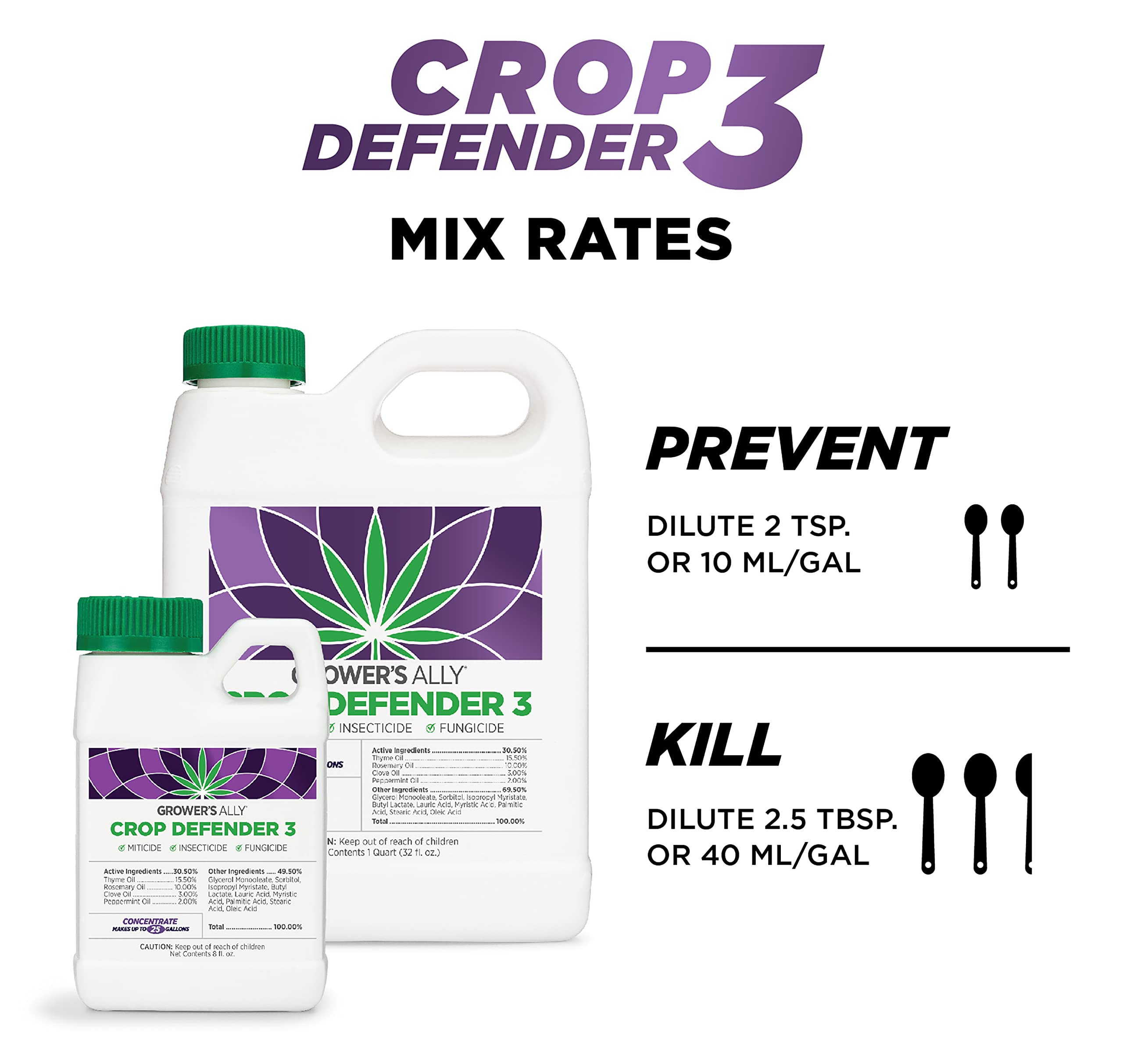 Grower's Ally Crop Defender 3 Concentrate 1 qt - Organic Insecticide & Fungicide for Plants | Kills Powdery Mildew, Spider Mites & Russet Mites | Safe Natural Plant Protection | Makes 100 Gallons | Ideal for Indoor/Outdoor Gardens, Greenhouses & Hydroponics