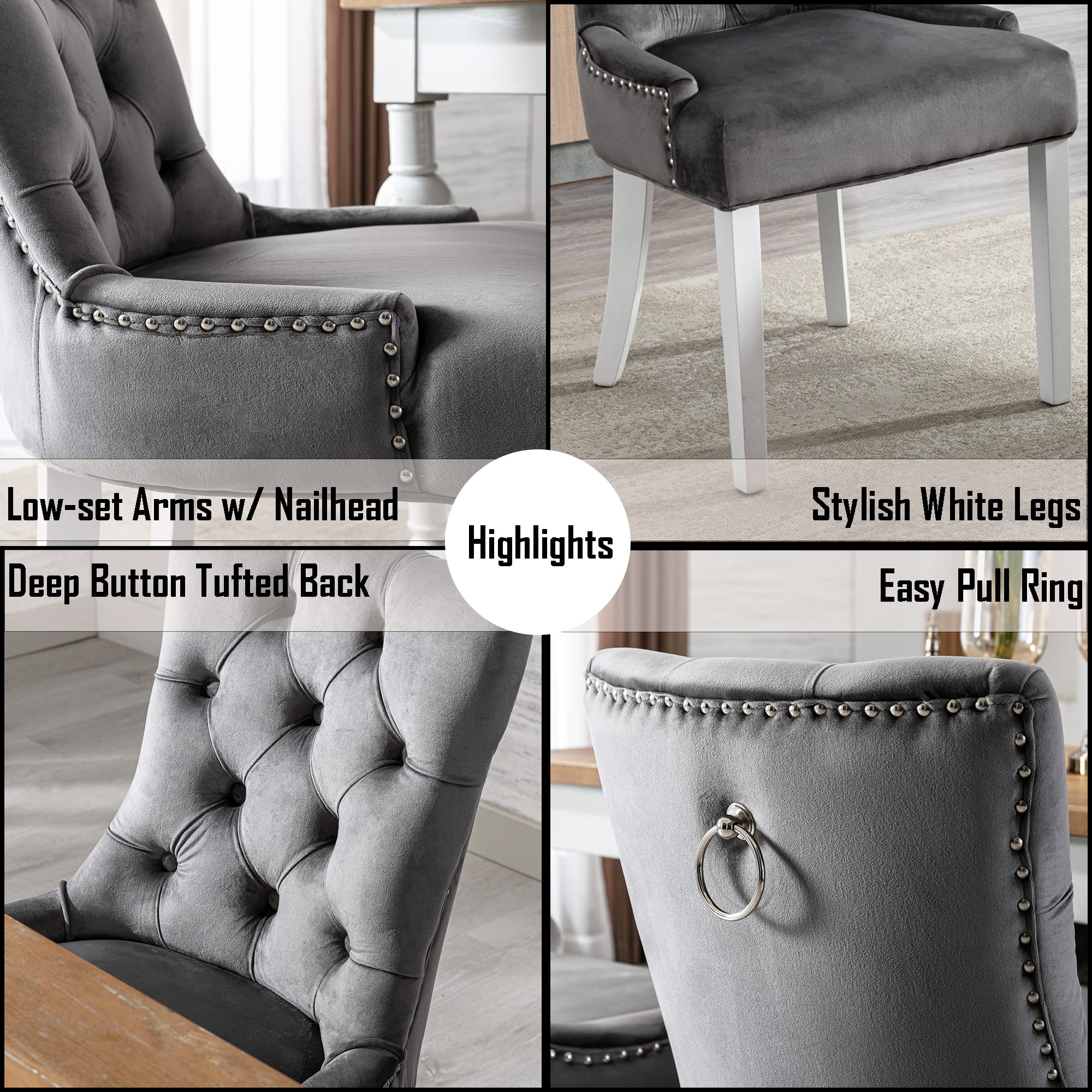 Luxury Velvet Dining Chairs Set of 2 - Modern Tufted Upholstered Chairs with White Wood Legs for Dining Room, Living Room & Bedroom - Soft Grey Home Decor for Elegant Dinner Parties & Cozy Family Gatherings