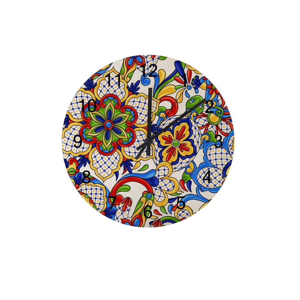 Rashu 12 Inch Round Wall Clock - Silent Non-Ticking Wooden Clock with Mexican Talavera Pattern, Battery Operated, Easy to Read Numbers - Perfect for Living Room, Kitchen, Bathroom & Office Decor