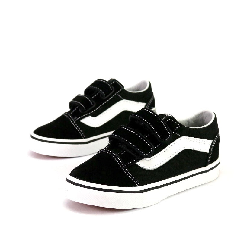Kids Old Skool V Black White Velcro Sneakers - Comfortable Skate Shoes for Boys & Girls - Perfect for School, Play & Everyday Wear