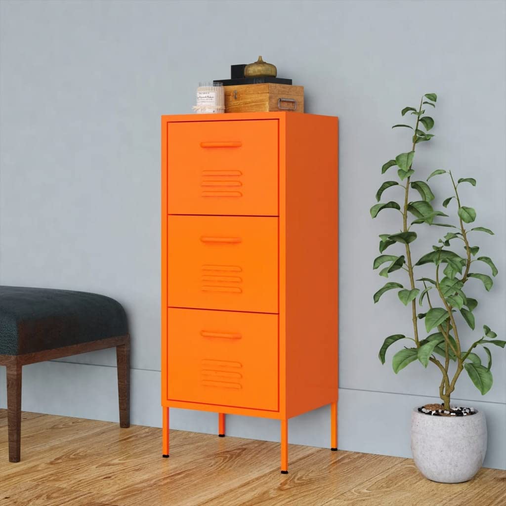 FAMIROSA 3-Drawer Metal Storage Cabinet - Tall Dresser Organizer with 4 Legs for Office & Home - Multipurpose Storage Solution for Bedroom, Living Room & Garage (Orange)