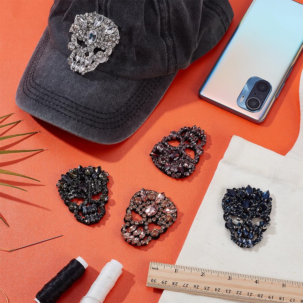 FINGERINSPIRE 5PCS Skull Glass Rhinestone Beaded Patches - 5 Colors, 2x2.4 Inch Sew-on Appliques for Clothes, Dresses, Hats & Jeans - DIY Handicraft Embellishments for Gothic Fashion, Costume Design & Punk Style Outfits