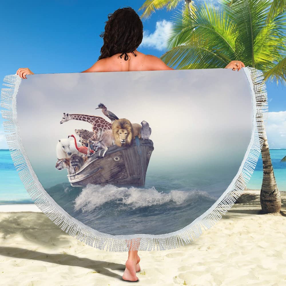 Funny Animal Print Round Beach Towel - Tiger, Lion, Giraffe & Flamingo Designs with Tassels | 59 Inch Large Pool Towel for Kids & Adults | Perfect for Beach, Poolside, Picnics & Outdoor Activities