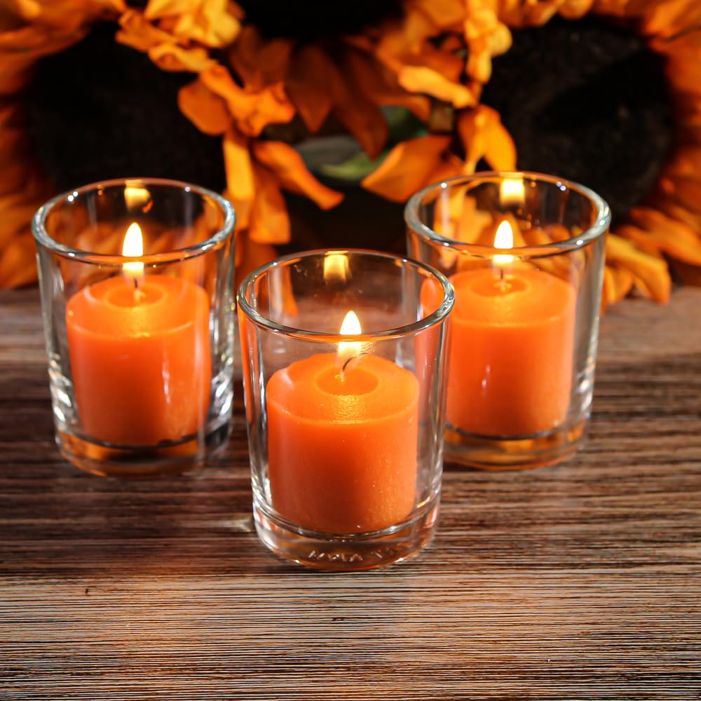 144-Pack Richland Unscented Orange Votive Candles with 144 Clear Glass Eastland Votive Holders - Perfect for Weddings, Parties, Restaurants & Home Decor
