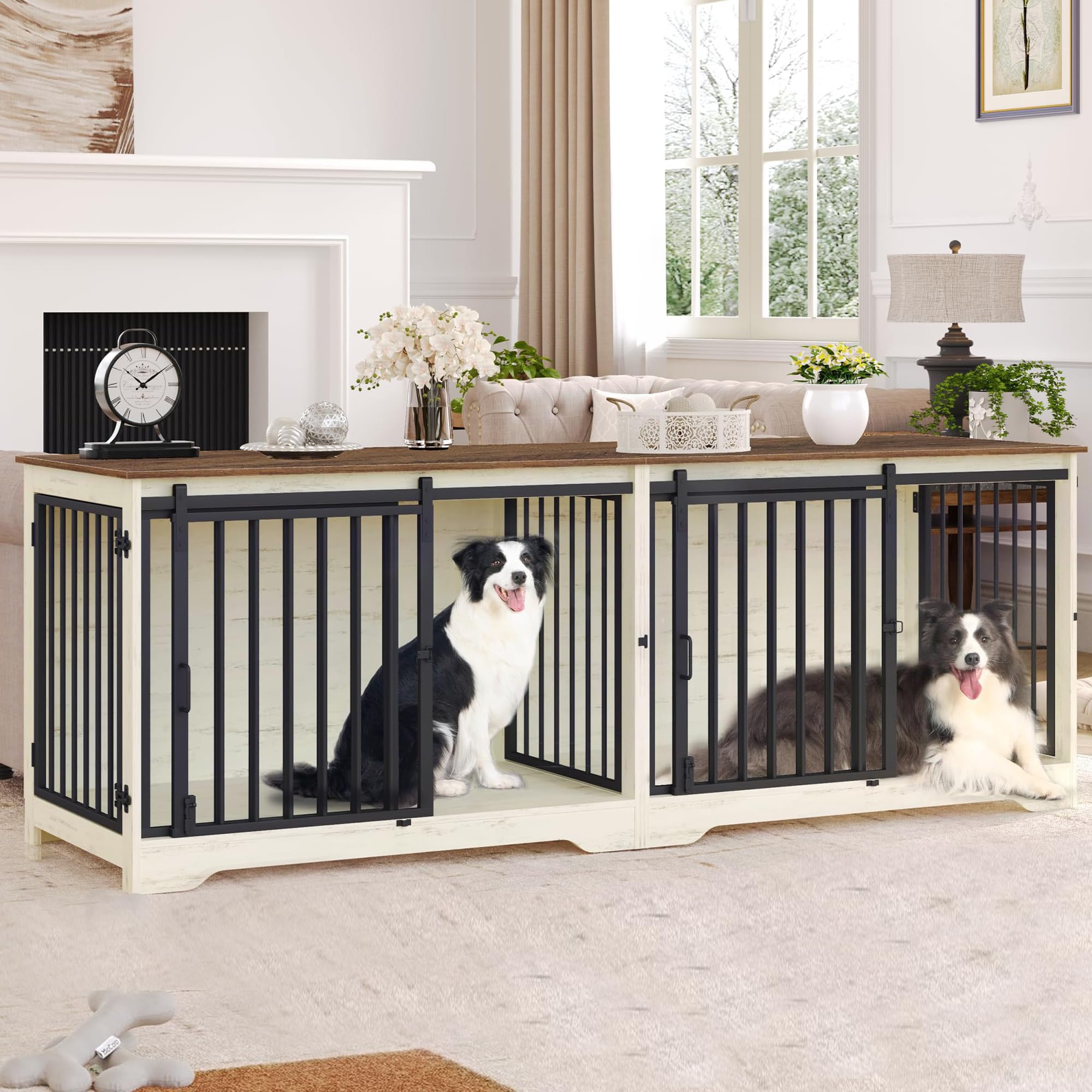 78 Inch Extra Large Dog Crate Furniture for 2 Dogs - XXL Thick Wooden Double Dog Kennel with Divider, Anti-Chew TV Stand & End Side Table in White Brown | Perfect for Large Breed Dogs & Living Room Organization