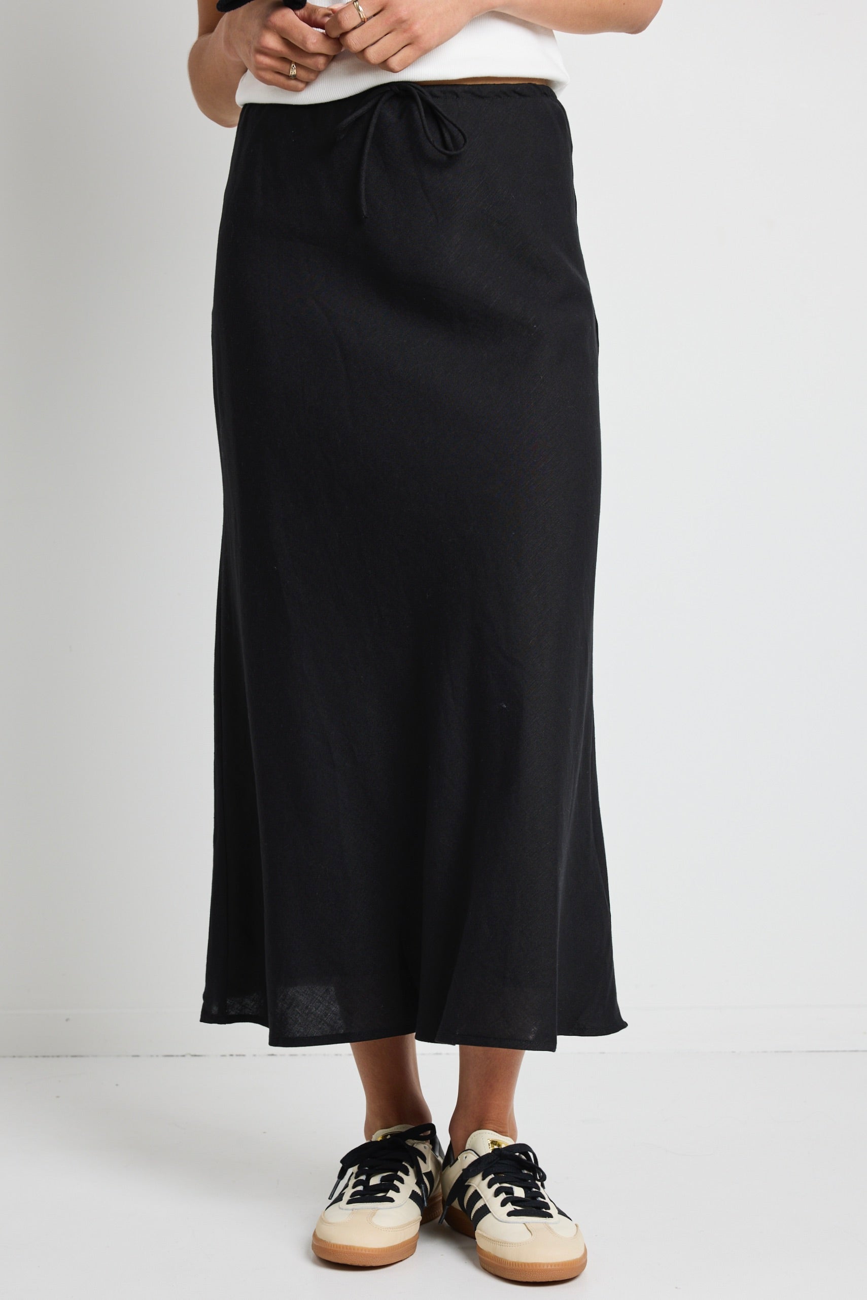 Summit Black Linen Blend Tie Waist Bias Maxi Skirt - Women's Flowy Summer Skirt for Beach, Vacation & Casual Wear