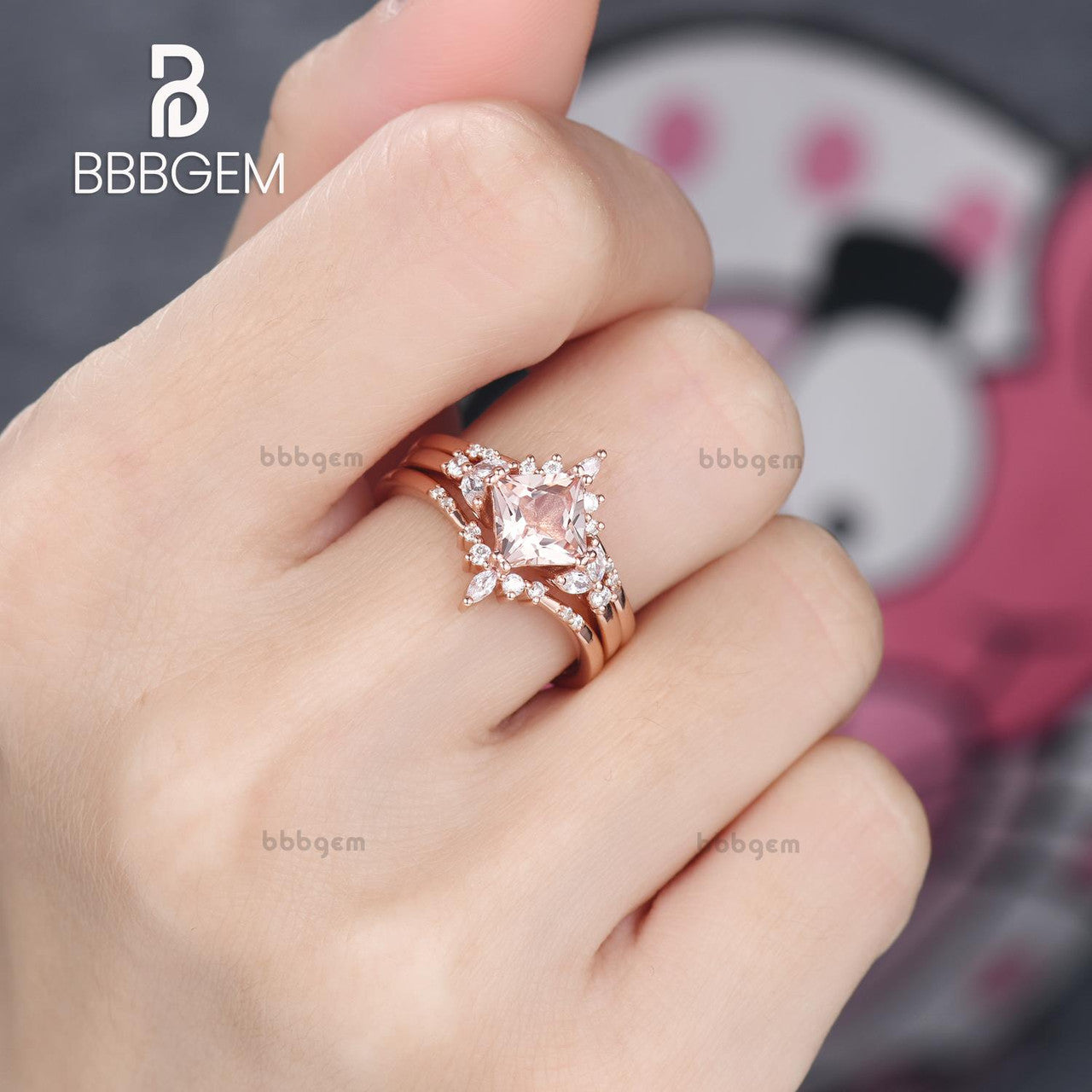 Princess Cut Peach Morganite Bridal Ring Set with Diamond Double Curved Enhancer Band | Elegant Wedding, Engagement & Anniversary Jewelry Gift for Her