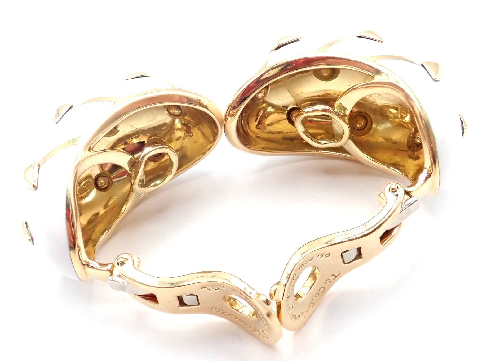 Tiffany & Co Schlumberger Dot Losange 18k Yellow Gold White Enamel Hoop Earrings | Luxury Designer Jewelry for Women | Perfect for Parties, Weddings & Special Occasions